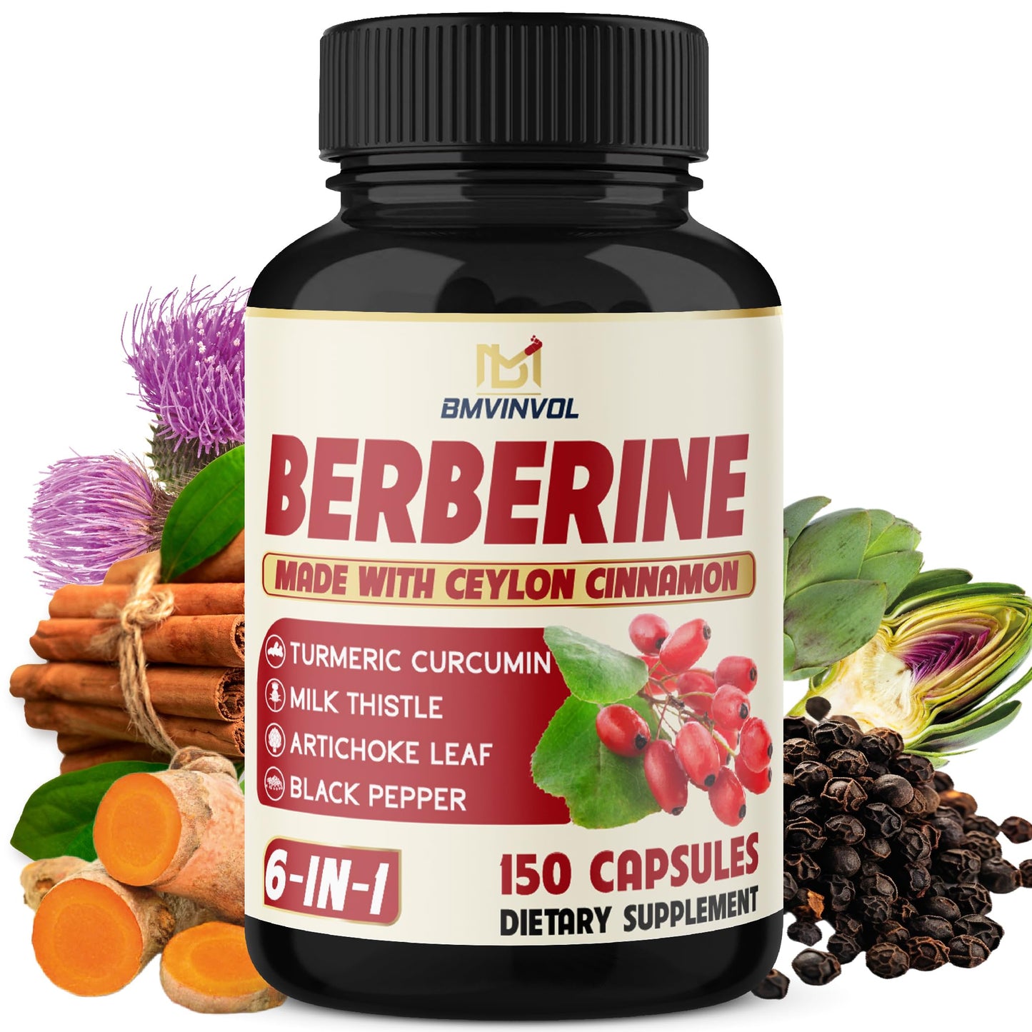 Berberine with Ceylon Cinnamon, Turmeric, Milk Thistle, Artichoke, Black Pepper - 150 Count - Pack of 1 - Medaid International