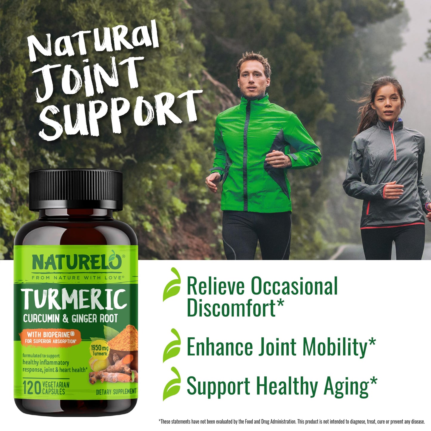 NATURELO Turmeric Curcumin - BioPerine for Better Absorption - Black Pepper, Ginger Root, Curcuminoids - Plant-Based Joint Discomfort Support - 120 Vegan Capsules - Medaid International