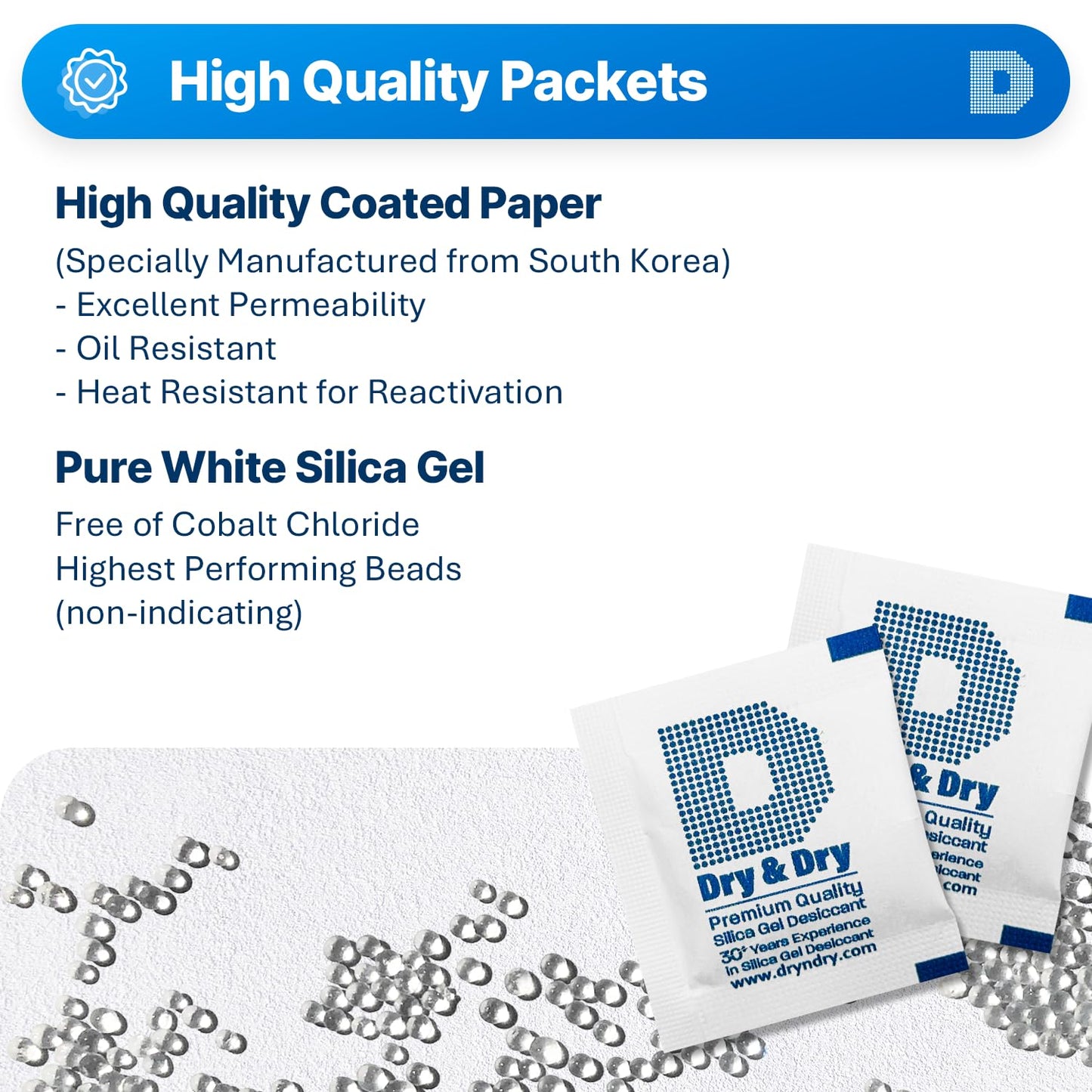 Dry & Dry Silica Gel Packets Silica Gel Desiccants - Rechargeable (Food Safe) Silica Gel Packets - White - 50 Packets (3 Gram) - Medaid International