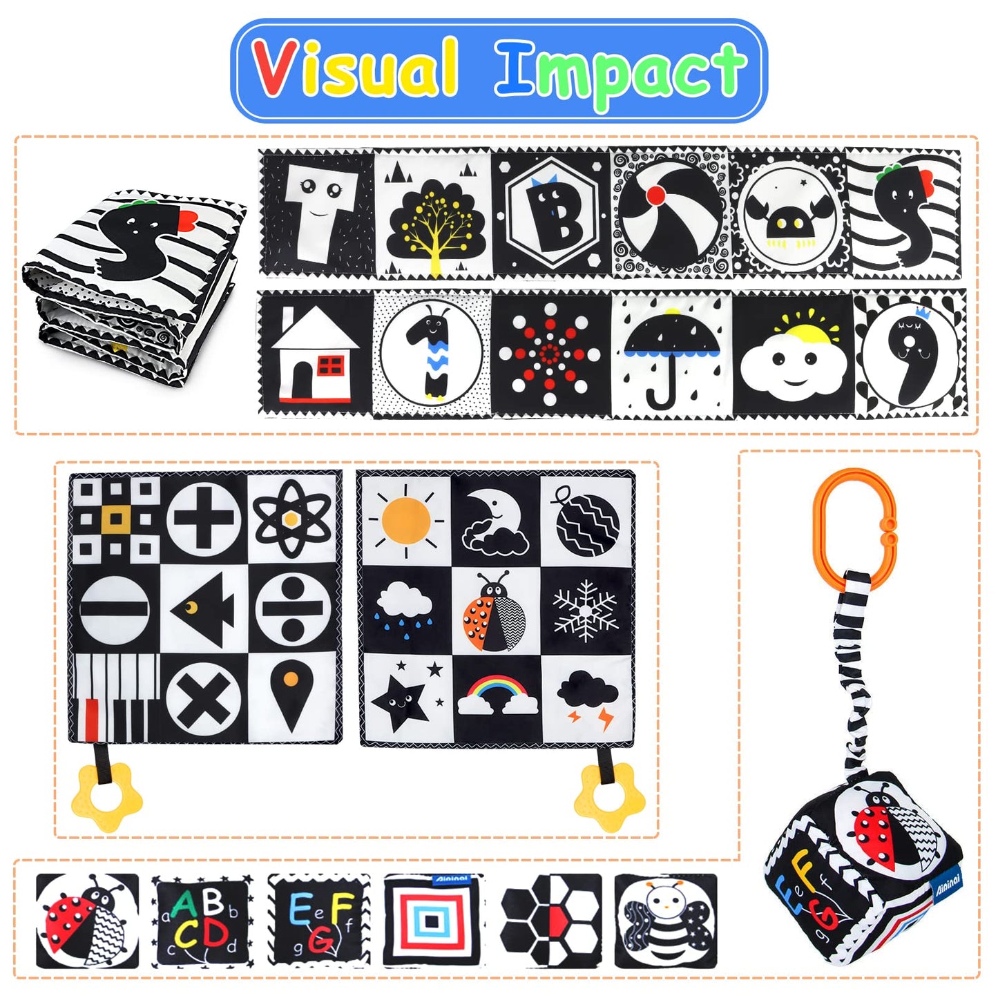 KUANGO 3 PCS Black and White High Contrast Baby Toys Newborn Toys 0-6 Months, Visual Stimulation Sensory Soft Book, Infant Tummy Time Toys 0-3-6 Months Baby Gifts - Medaid International