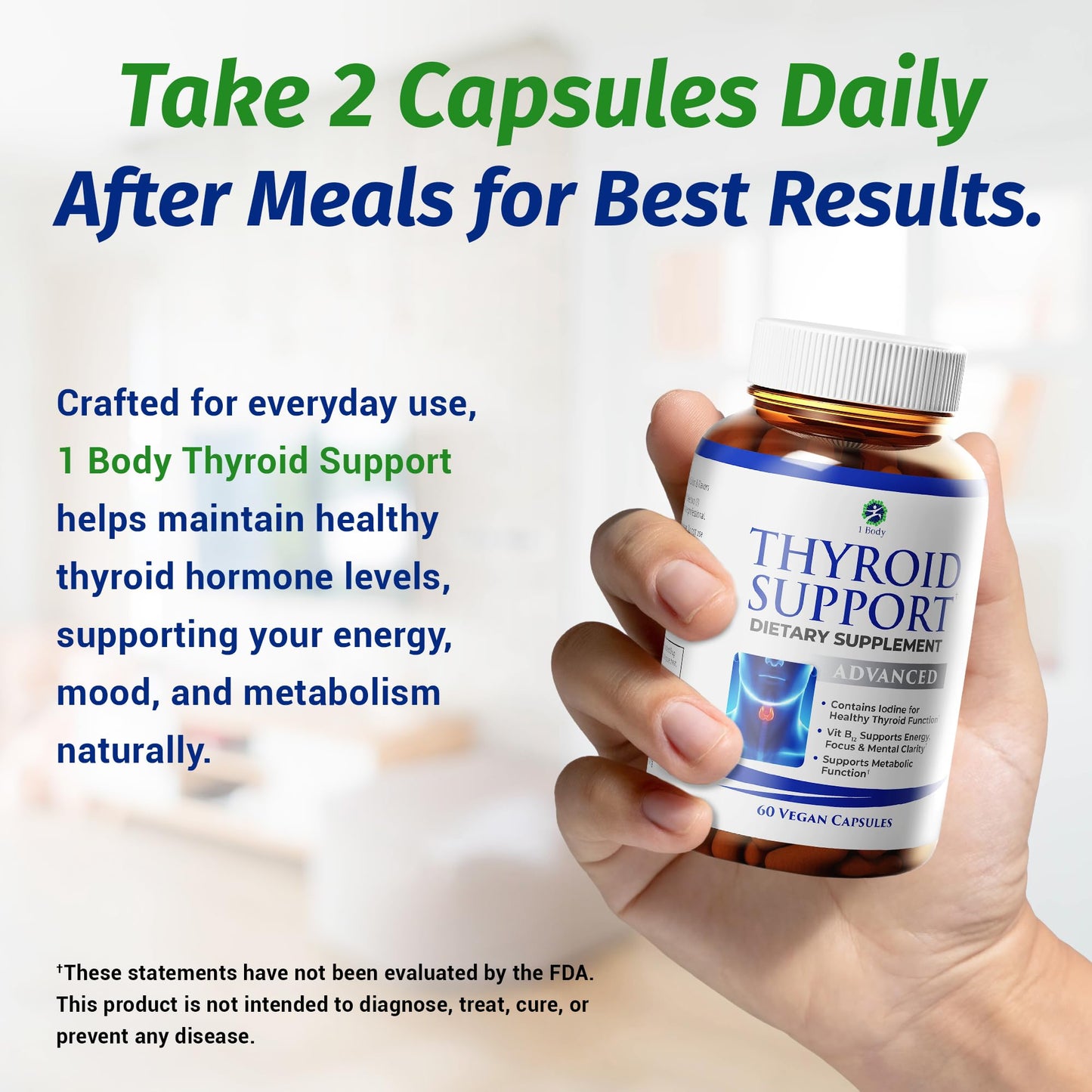 1 Body Thyroid Support Supplement with Iodine, B12, Zinc, Selenium, Ashwagandha, Non-GMO, Vegetarian, 30 Day Supply - Medaid International