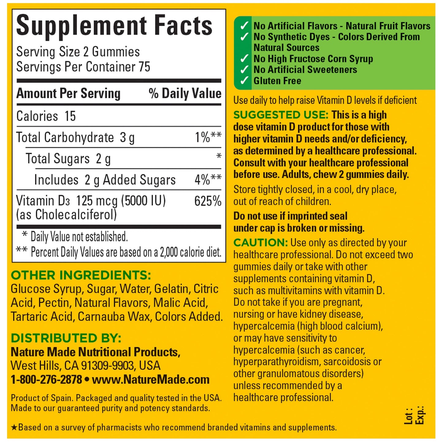 Nature Made Vitamin D3 5000 IU Per Serving Gummies Extra Strength, Bone and Immune Health Support, 150 Vitamin D Gummies for Adults, 75 Day Supply - Medaid International