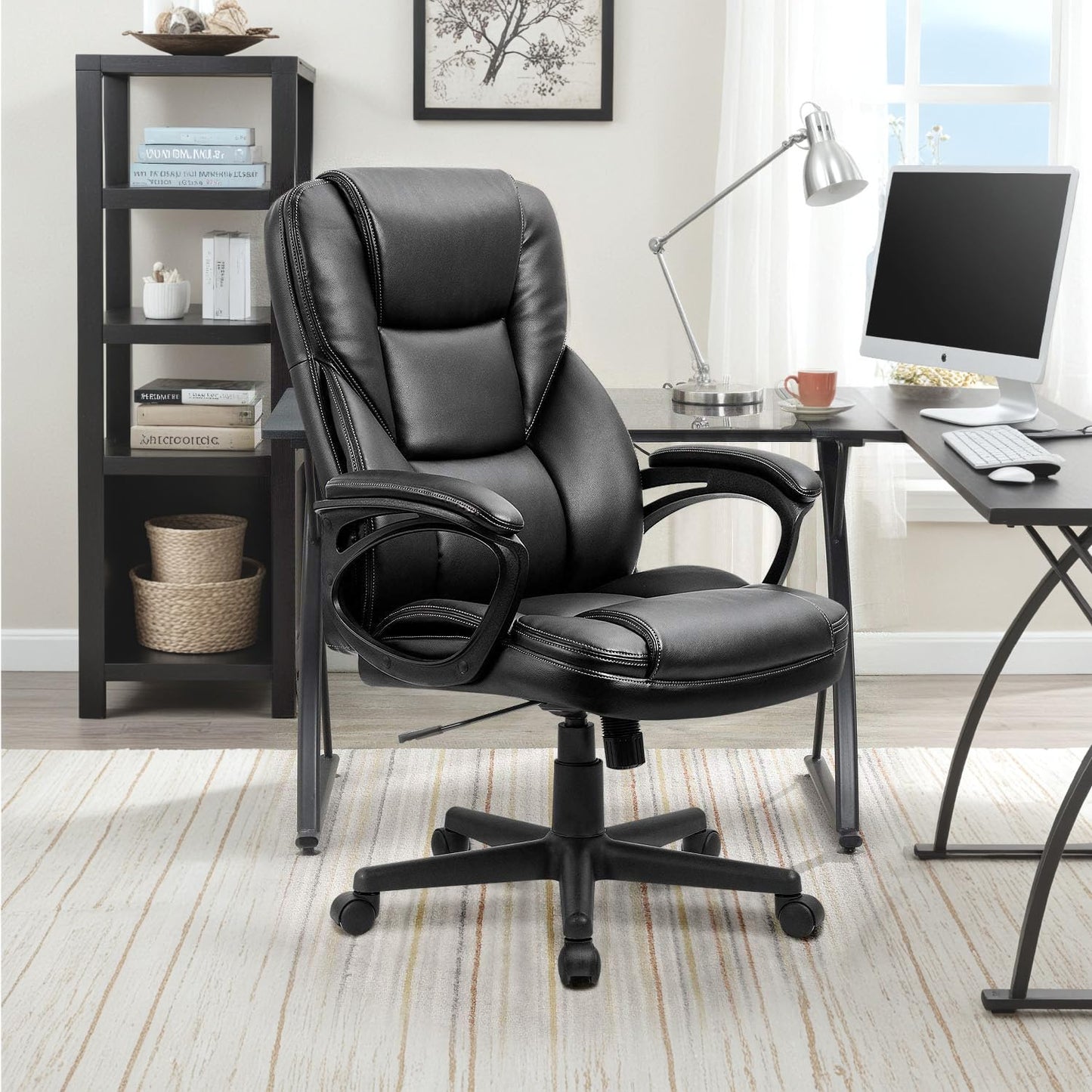 Furmax Office Executive Chair High Back Adjustable Managerial Home Desk Chair, Swivel Computer PU Leather Chair with Lumbar Support (Black) - Medaid International