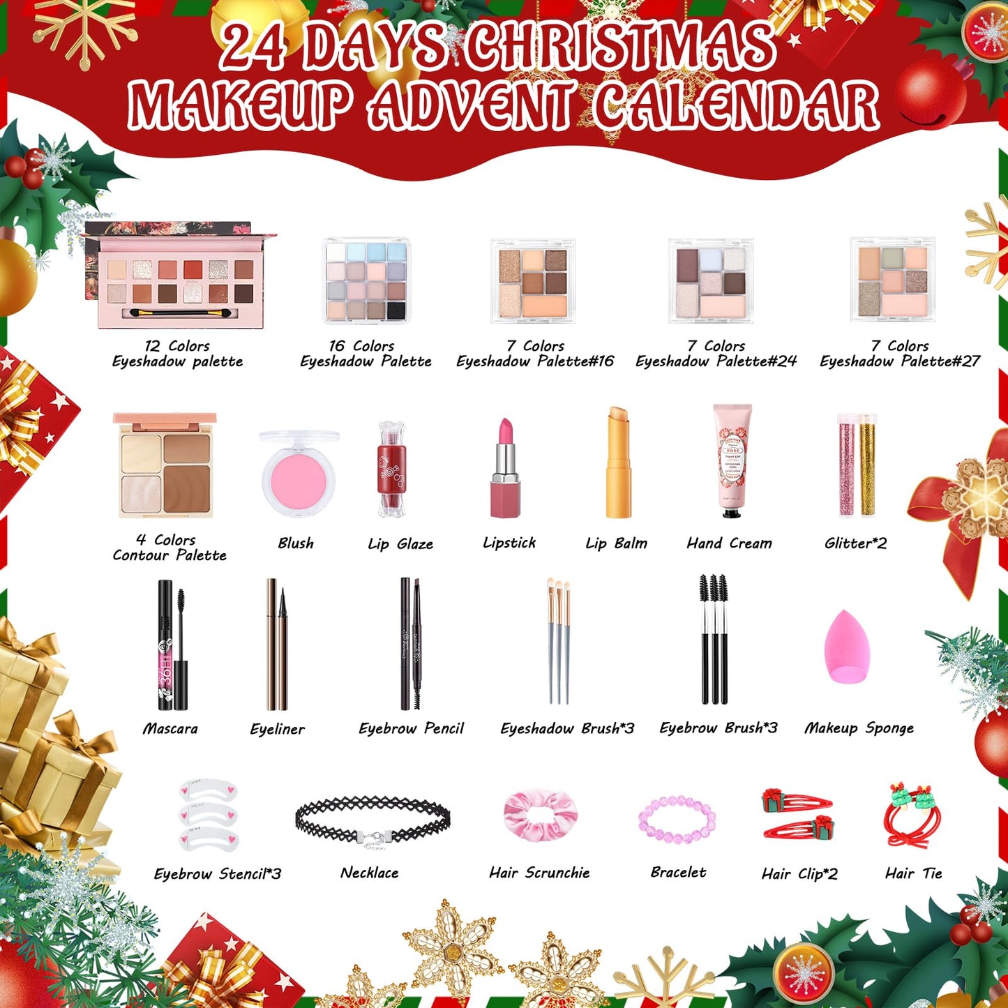 Erinde Makeup Advent Calendar 2025, 24 Days Christmas Gift Makeup Set for Teen Girls & Women, 2025 Xmas Holiday Countdown Calendar Beauty & Cosmetics Holiday Surprise Make Up Gift Kits for Women - Medaid International