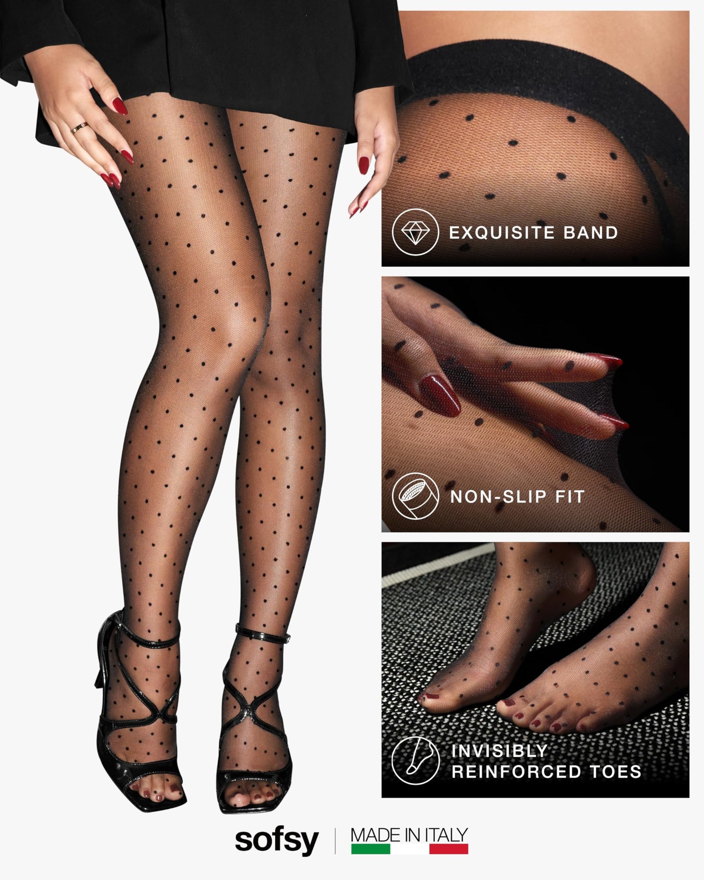 sofsy Breathable Polka Dot Hosiery Women – Italian 100% Oeko-Tex Certified Sheer Tights with Decorative Pattern | Black Stockings – XL - Medaid International