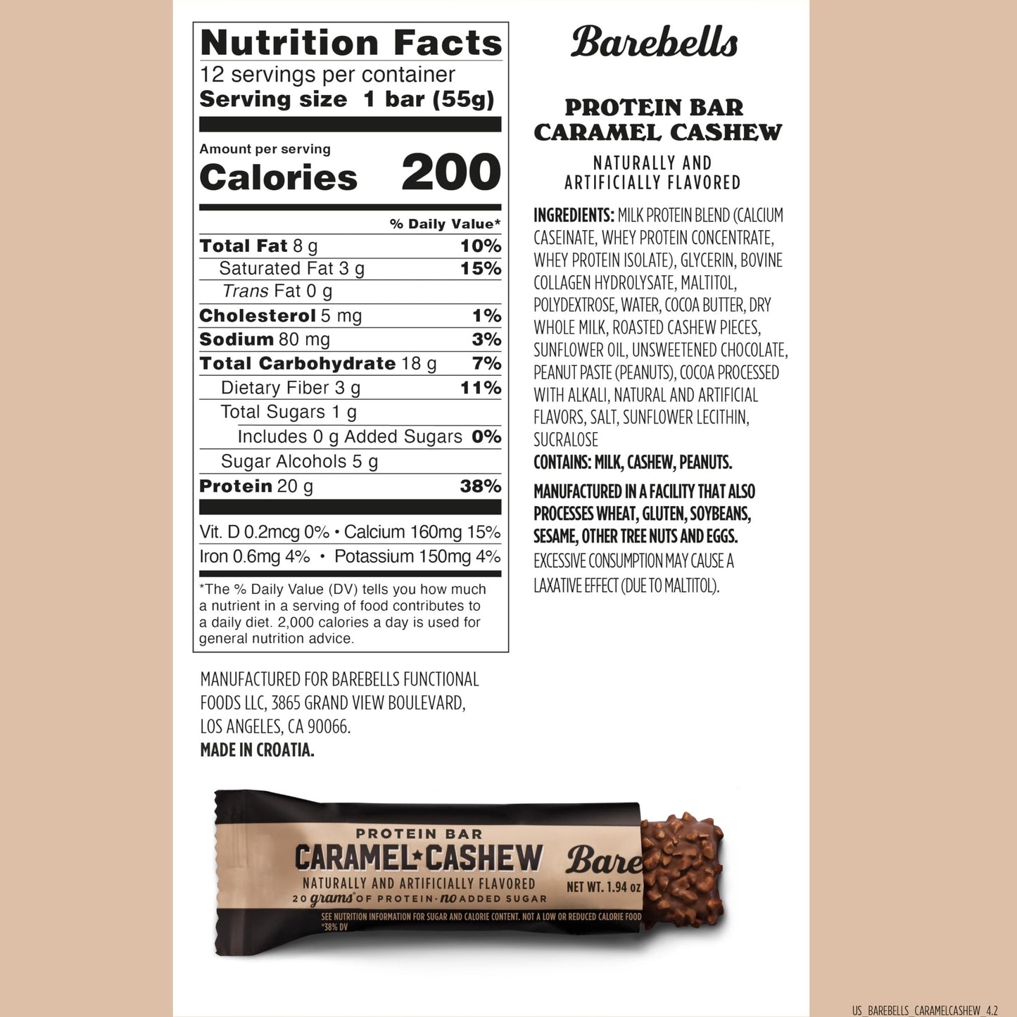 Barebells Protein Bars Caramel Cashew - 12 Count, 20g High Protein Treats - Chocolate Nutrition Bar with 1g Total Sugars - On-The-Go Breakfast or Post-Workout Snack - Medaid International