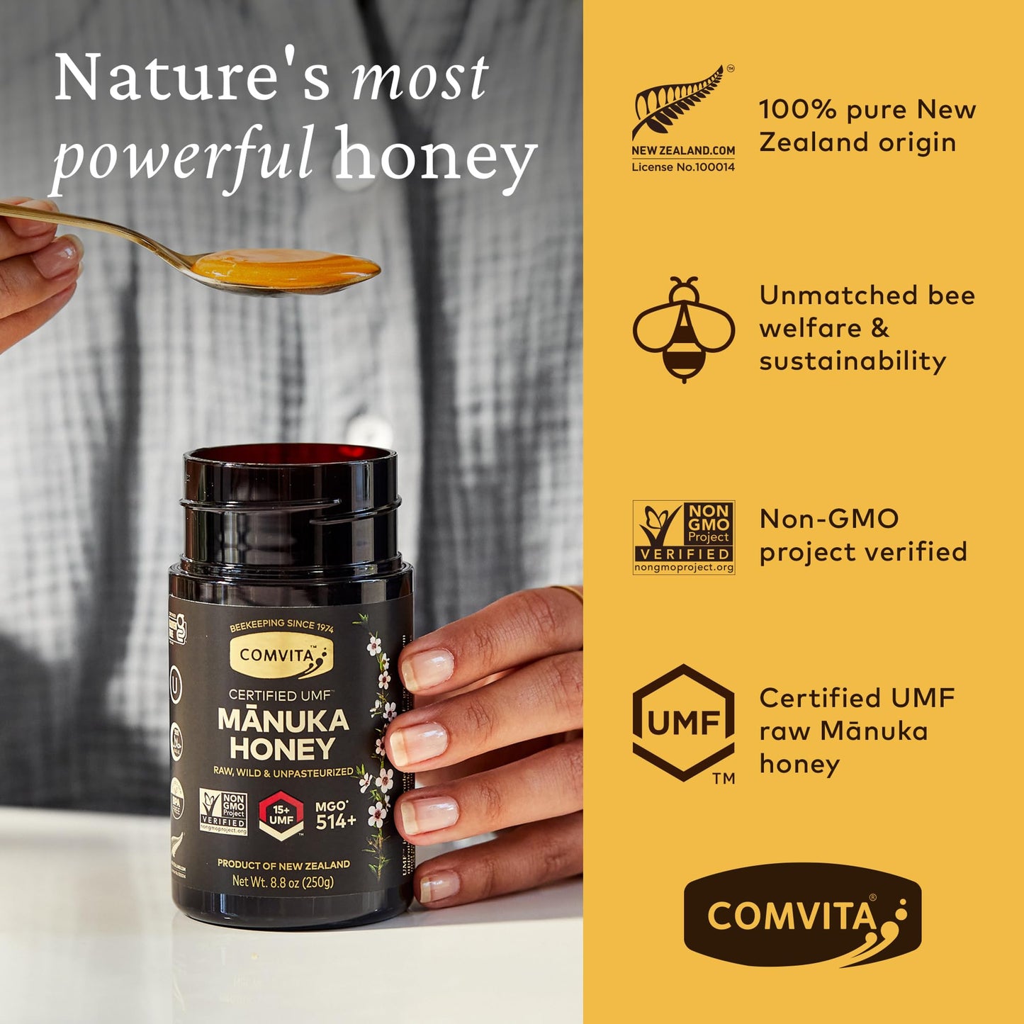 Comvita Manuka Honey UMF 15+ (MGO 514+) - Raw Manuka Honey New Zealand, Pure & Unpasteurized, Superfood for Immune Health, Use in Tea, Wild, Monofloral, Non-GMO - 250g (8.8 oz) - Medaid International