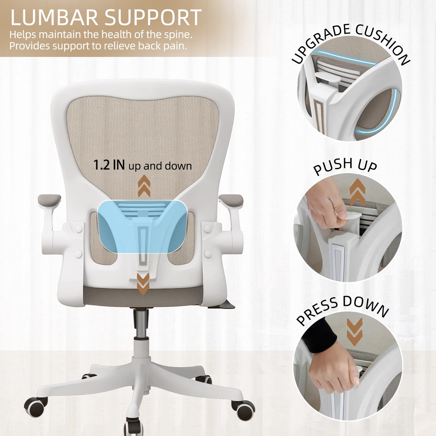Monhey Office Chair Ergonomic Desk Chair with Lumbar Support&Headrest&Flip-up Arms Height Adjustable Rocking Swivel High Back Computer Chair Warm Taupe Mesh Study Chair (01Khaki) - Medaid International