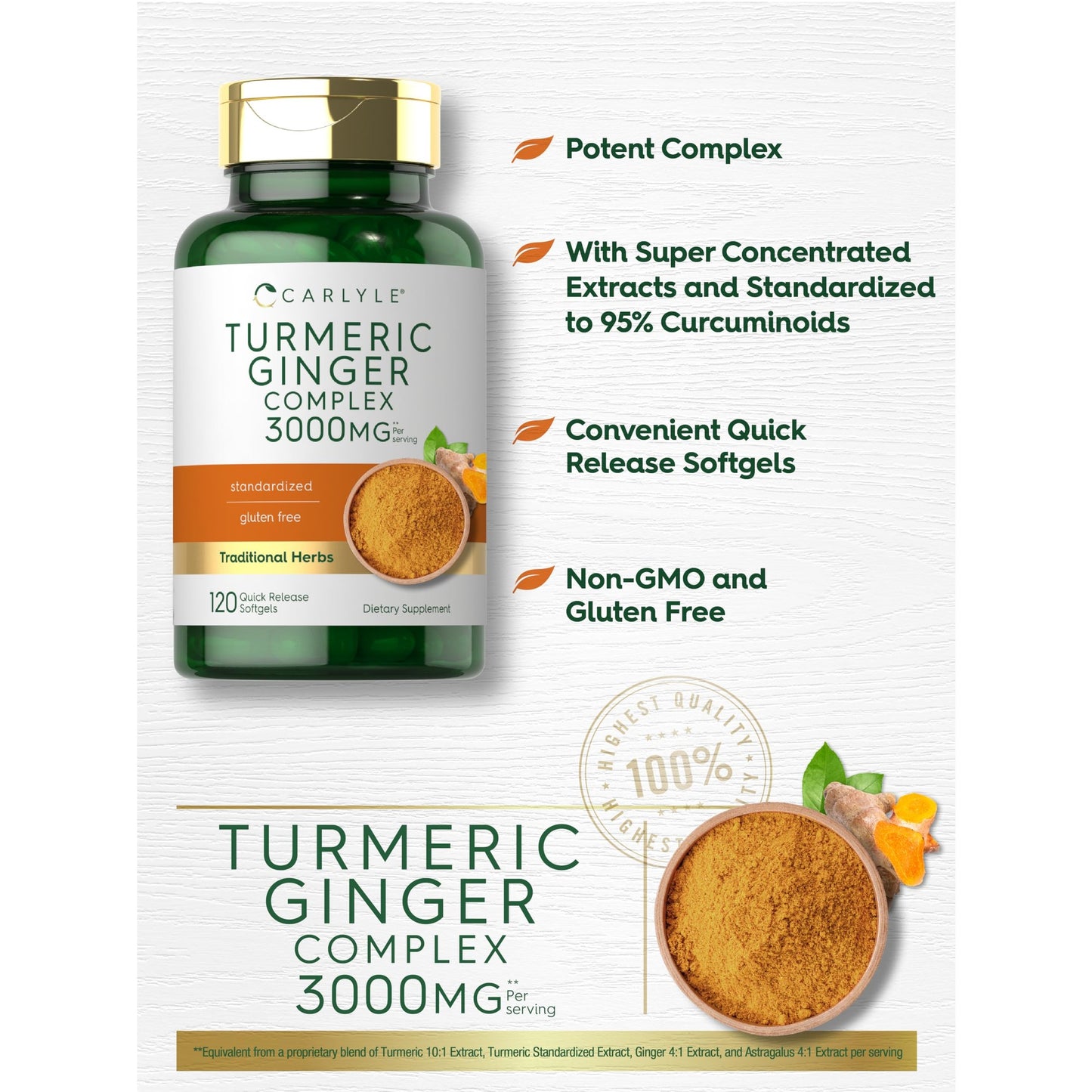 Carlyle Turmeric and Ginger Supplement 3000 mg | 120 Softgel Capsules | Turmeric Curcumin Complex | with Black Pepper Extract | Non-GMO, Gluten Free - Medaid International