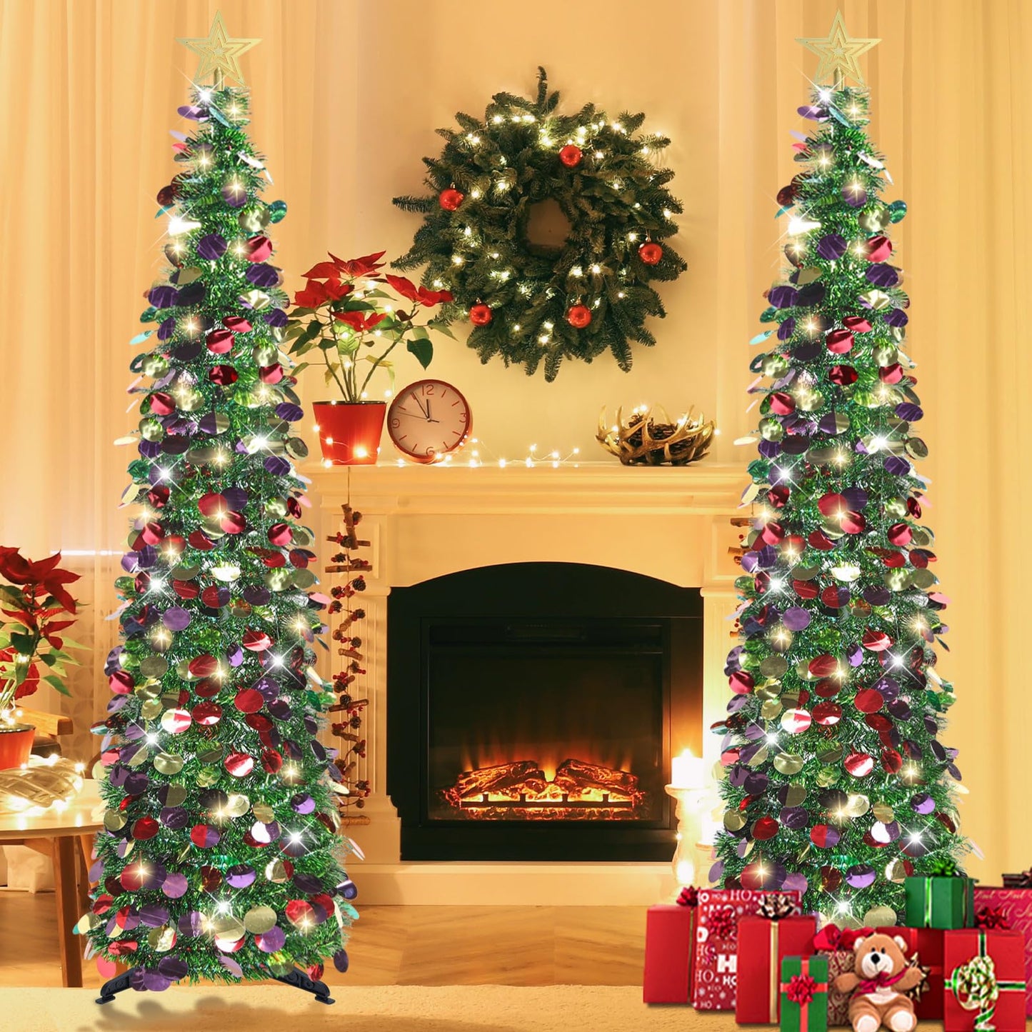 HMASYO 5 FT Pop Up Christmas Tree with Timer Lights, Green Christmas Tinsel Tree, Collapsible Artificial Pencil Christmas Tree for Indoor Home Apartment Porch Holiday Party Decorations - Medaid International