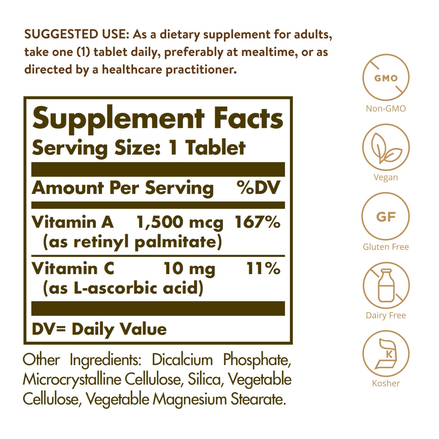 Solgar Dry Vitamin A 1500 mcg (5000 IU), 100 Tablets - Supports Healthy Eyes, Skin & Immune System - Non-GMO, Vegan, Gluten Free, Dairy Free, Kosher - 100 Servings - Medaid International