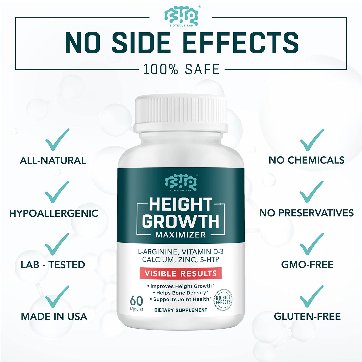 BIOTEQUELAB Height Growth Maximizer, Calcium, Vitamin D3 and Zinc Blend Pills, Bone Growth Supplement for Kids and Teens, Bone Strength, Density Support, GMO-Free, Gluten-Free, Made in USA, 60 Caps - Medaid International