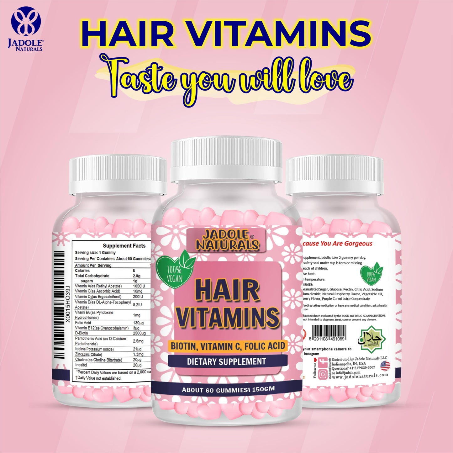 Jadole Naturals Hair Vitamins 60 Gummies Supplement with Vitamin C, Biotin & Folic Acid Supports Hair Growth, Hair Loss, Healthy Hair, Skin & Nails | Hair Multivitamins Supplements for Men Women's - Medaid International