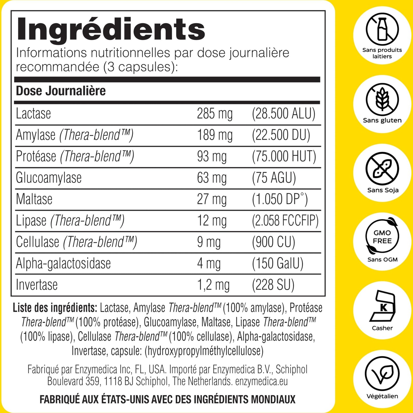 Enzymedica, Lacto, Formule Enzymatique Pour L'Intolérance Au Lactose Et À La Caséine, Indiqué Contre La Contamination Croisée, Sans Gluten, Sans Produits Laitiers, Végétalien, 90 Capsules - Medaid International