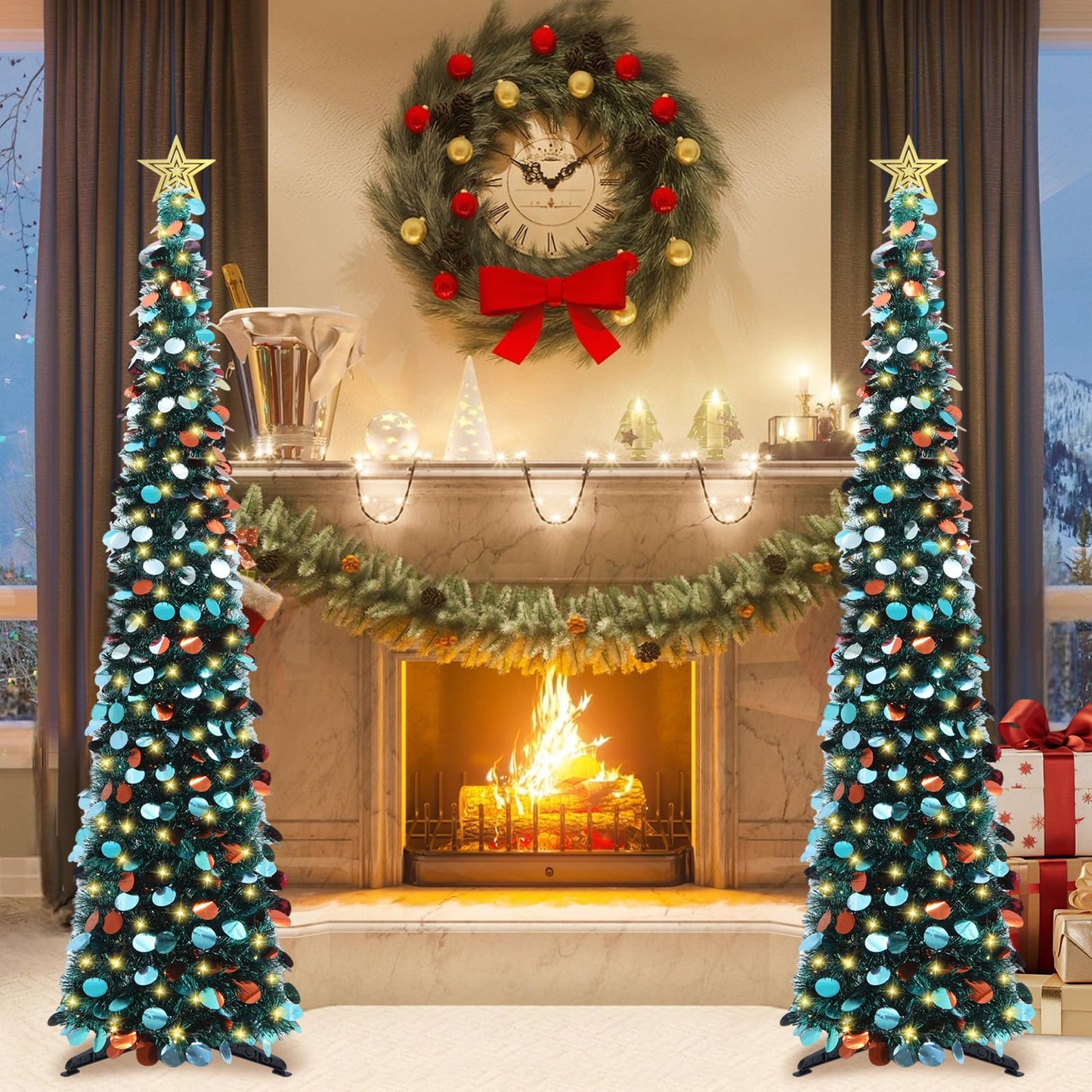 HMASYO 6 FT Pop Up Christmas Tree with 100 LED Lights & Remote, Green Christmas Tinsel Tree, Collapsible Artificial Pencil Tree for Home Office Party Decor, USB Powered Timer Lights, Easy Assembly - Medaid International