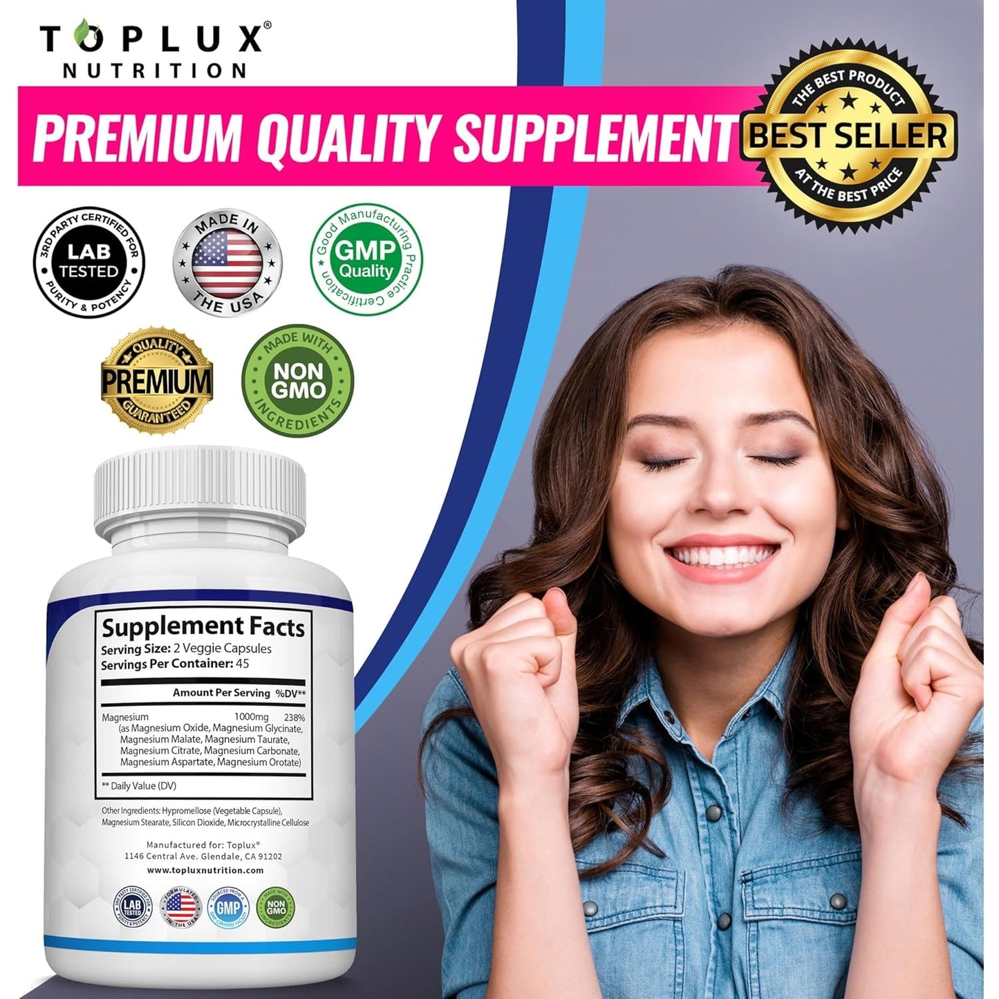 Magnesium Complex Supplement 8 Elemental Magnesium 1000mg - Magnesium Glycinate, Citrate, Malate, Taurate, Chelated for Easy Absorption for Bones, Muscle, Recovery, Energy, Vegan Non-GMO 90 Capsules - Medaid