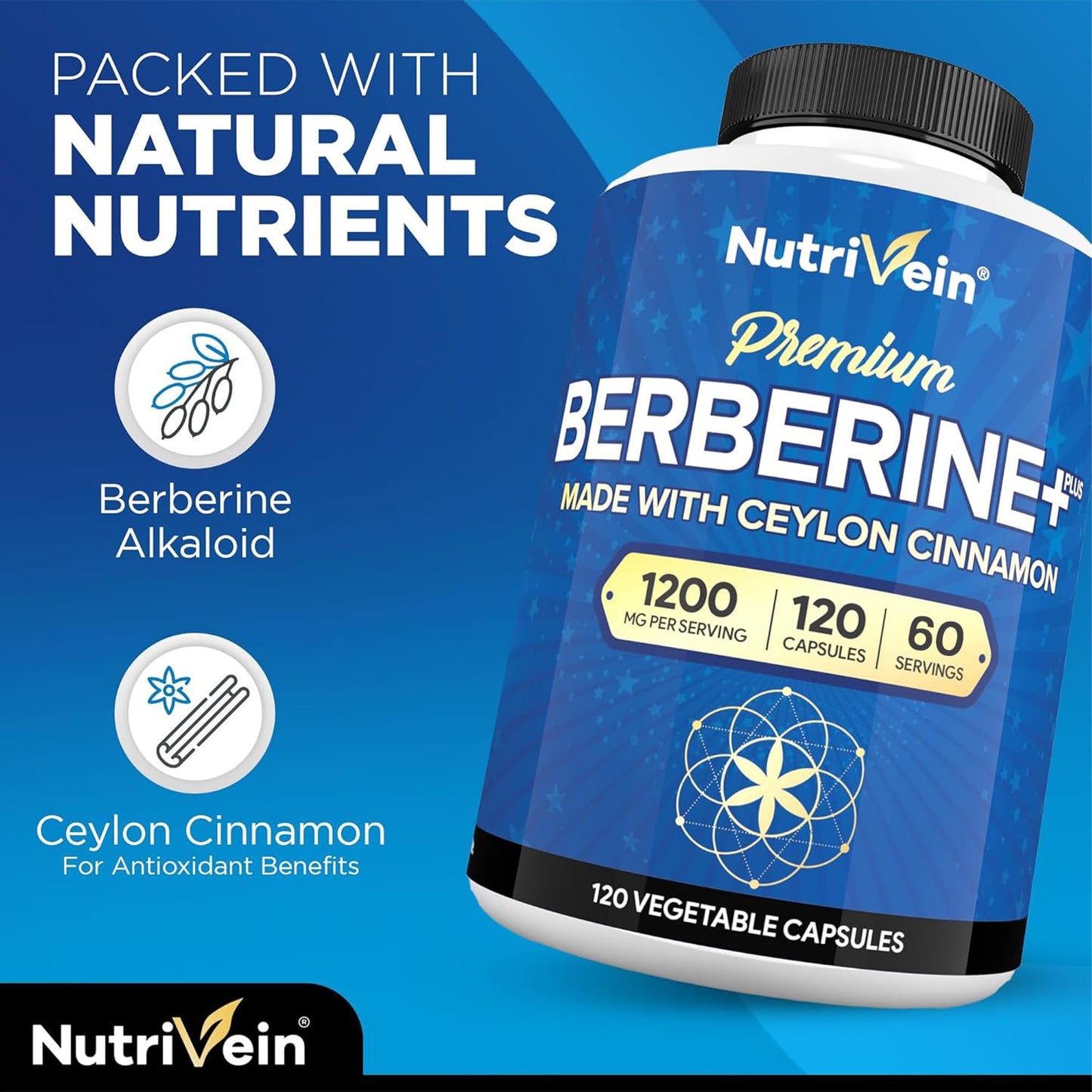 Nutrivein Premium Berberine HCL 1200 mg with Ceylon Cinnamon - 120 Capsules: High-Absorption Berberine Supplement for Defenses, Digestion, & Metabolism - Medaid International