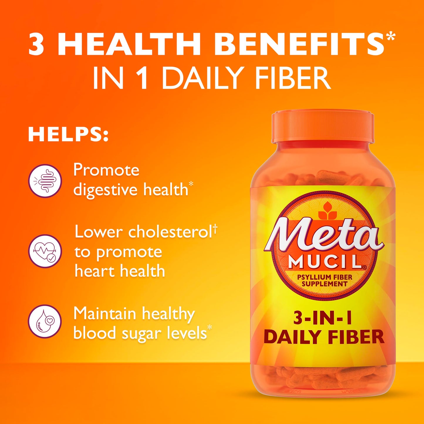 Metamucil, Fiber Capsules, 3-in-1 Psyllium Husk Fiber, 300 Capsules, Daily Fiber Supplement, Help support digestive health*, heart health by lowering cholesterol†, and healthy blood sugar levels*. - Medaid International