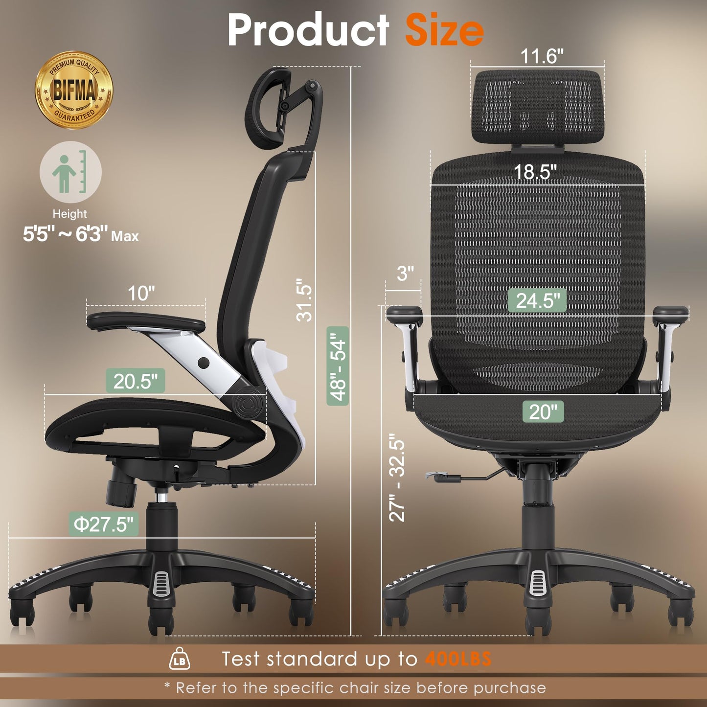 GABRYLLY Ergonomic Office Chair, High Back Home Desk Chair with Headrest, Flip-Up Arms, 90-120° Tilt Lock and Wide Cushion, Big and Tall Mesh Chairs for Man Woman, Black Task Chair - Medaid International