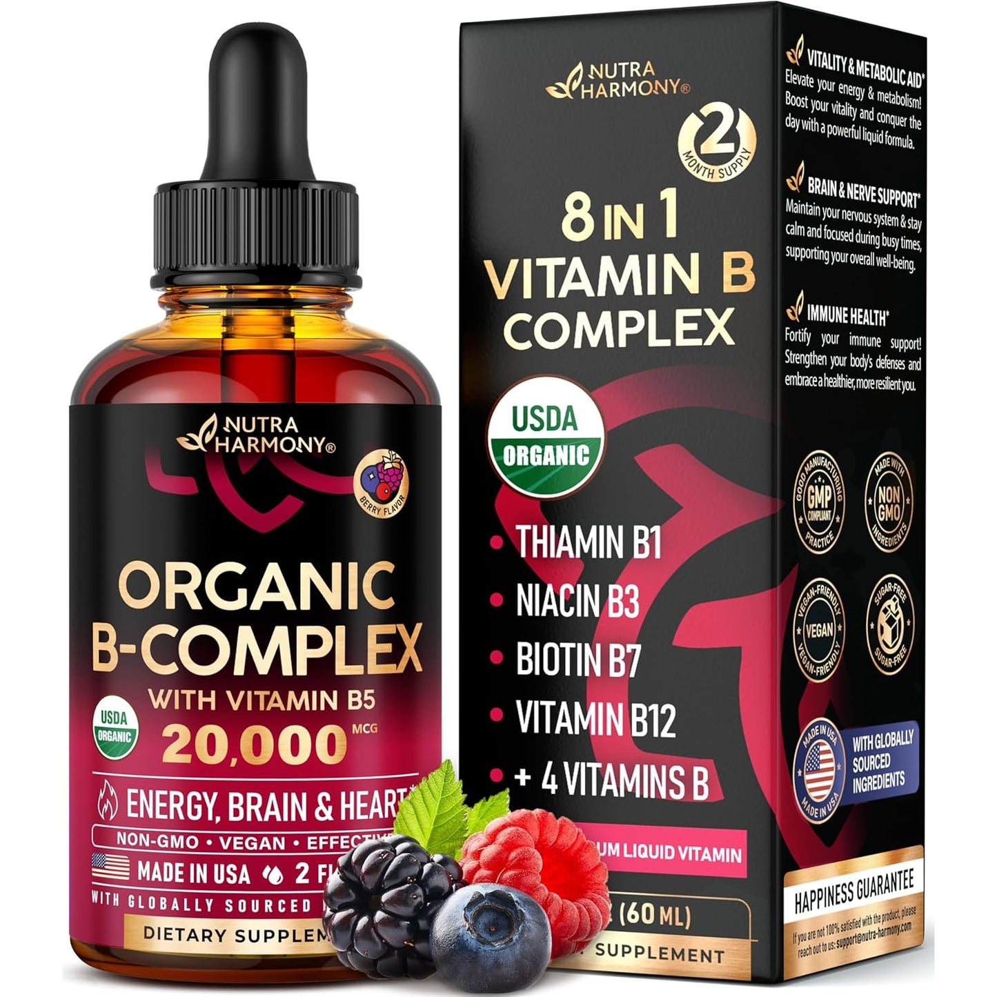 USDA Organic Vitamin B-Complex B5 Pantothenic Acid | B12 Methylcobalamin | B1 Thiamine | B6 Pyridoxine | B7 Biotin | B9 Folic | B3 Niacinamide - B Complex Liquid Drops, Made in USA Supplement, 2fl oz - Medaid International
