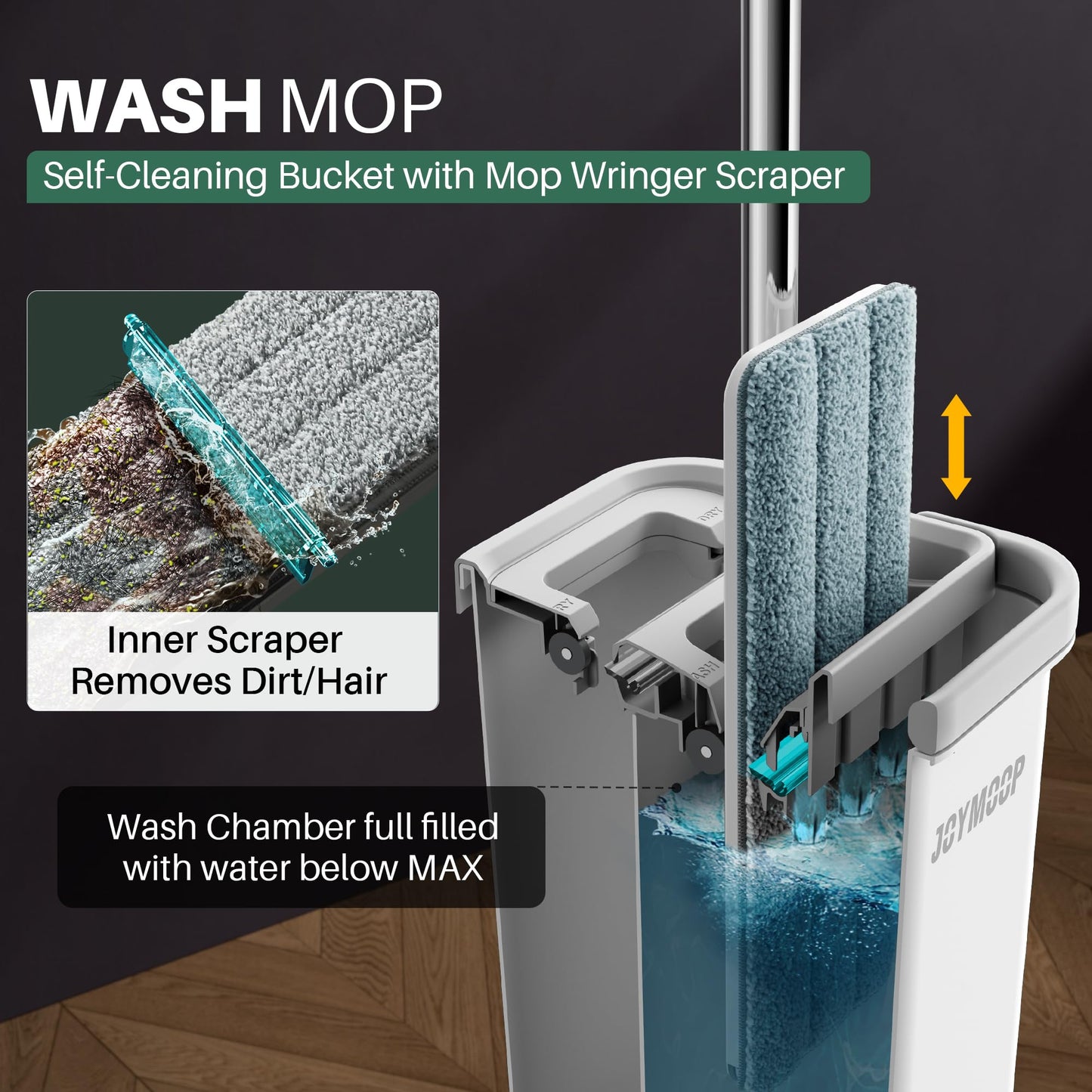 JOYMOOP Mop and Bucket with Wringer Set, Hands Free Flat Floor Mop and Bucket, with 3 Washable Microfiber Pads, Wet and Dry Use, Floor Cleaning System - Medaid International