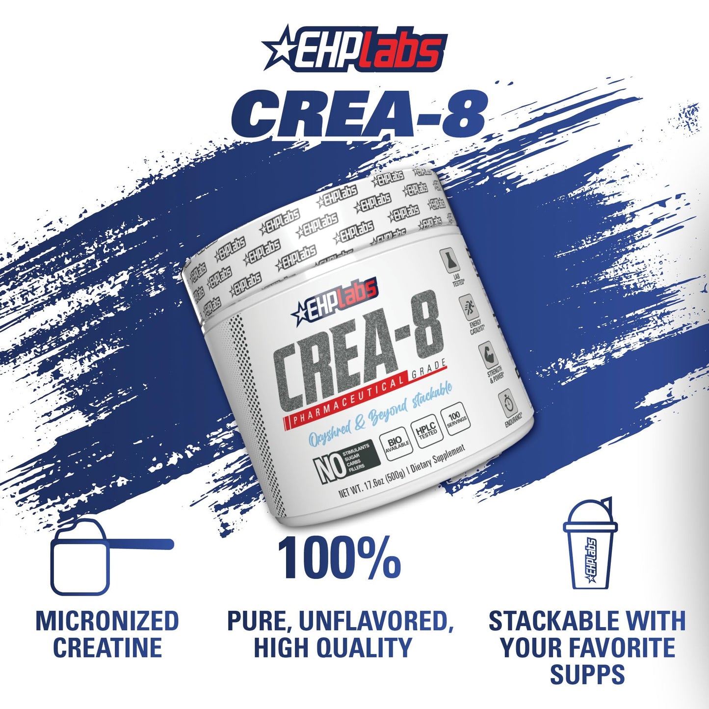 EHP Labs CREA-8 Creatine Monohydrate Powder - Unflavored Creatine Powder for Muscle Growth, Increased Strength, Enhanced Energy Output and Improved Performance - 100 Servings (500g) - Medaid International
