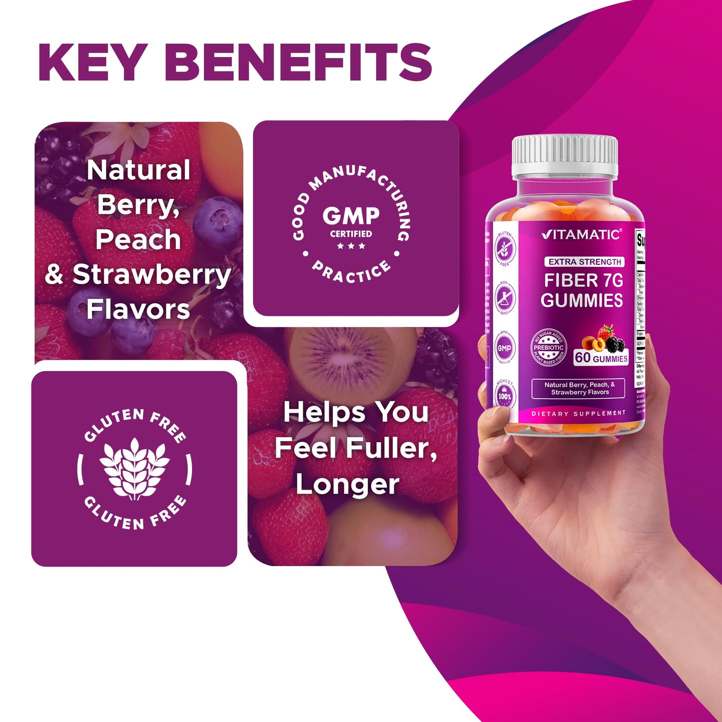 Vitamatic Prebiotic Fiber Gummies for Adults – 7g Fiber per Serving – 60 Pectin-Based Gummies Extra Strength, Zero Sugar Added – Supports Digestive Health & Regularity – Non-GMO, Vegan, Gluten-Free - Medaid International