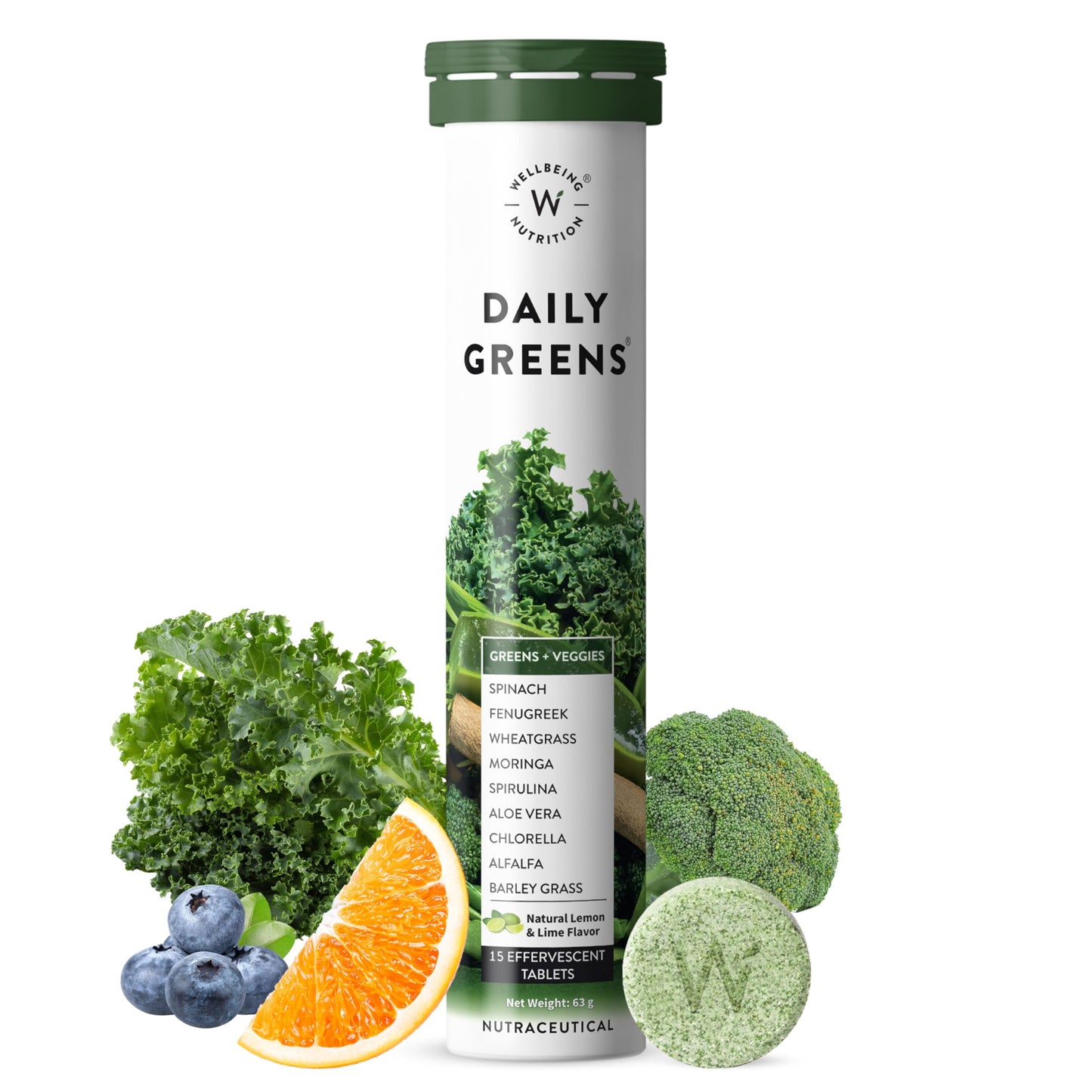 WELLBEING NUTRITION Daily Greens | Natural Lemon and Lime Flavour | 15 Tablets 63g (2.22Ounce) - Medaid International