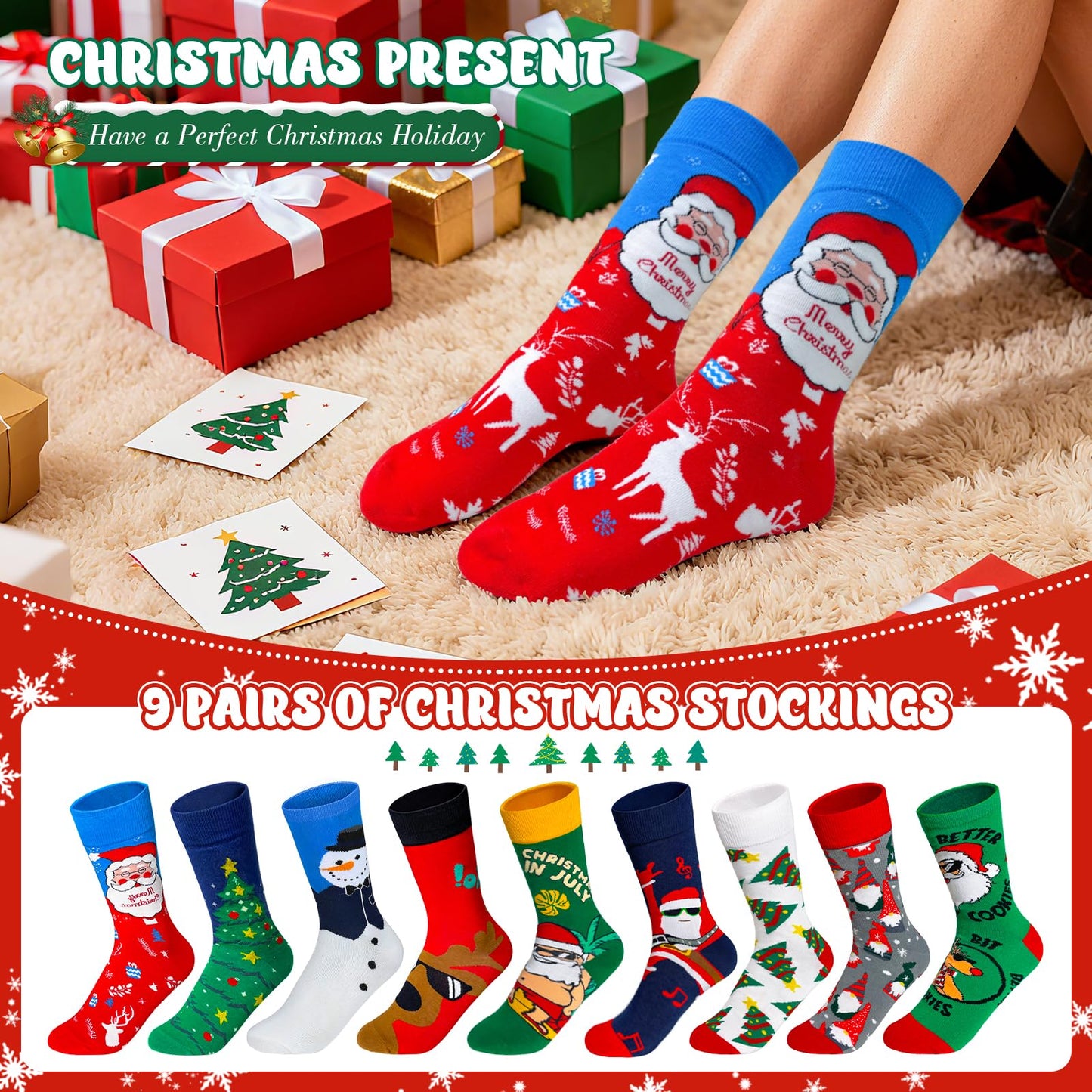 SUNOVELTIES Christmas Socks for Women/Men, 9 Pairs Funny Xmas Pattern Soft Winter Socks Bulk Novelty Cotton Crew Holiday Gifts - Medaid International