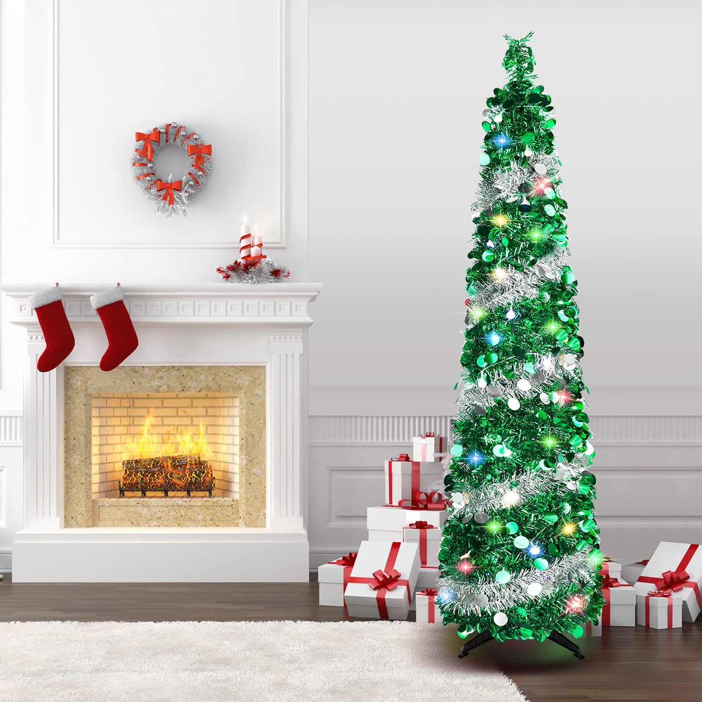 5 FT Christmas Trees with 90 Colorful Lights, Collapsible Artificial Sequin Pop Up Christmas Tree, Tall Skinny Pencil Tinsel Christmas Trees Xmas Tree for Home Apartment Basement Fireplace - Medaid International