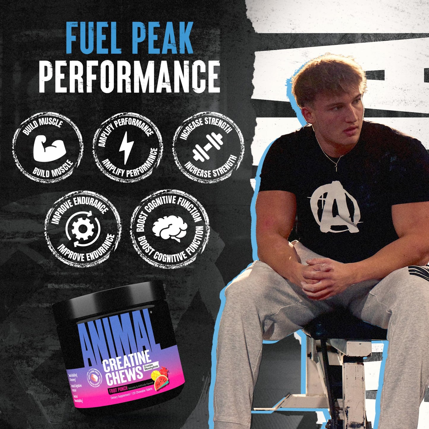 Animal Creatine Chews Tablets - Enhanced Creatine Monohydrate with AstraGin to Improve Absorption, Sea Salt for Added Pumps, Delicious and Convenient Chewable Tablets - Fruit Punch - Medaid International