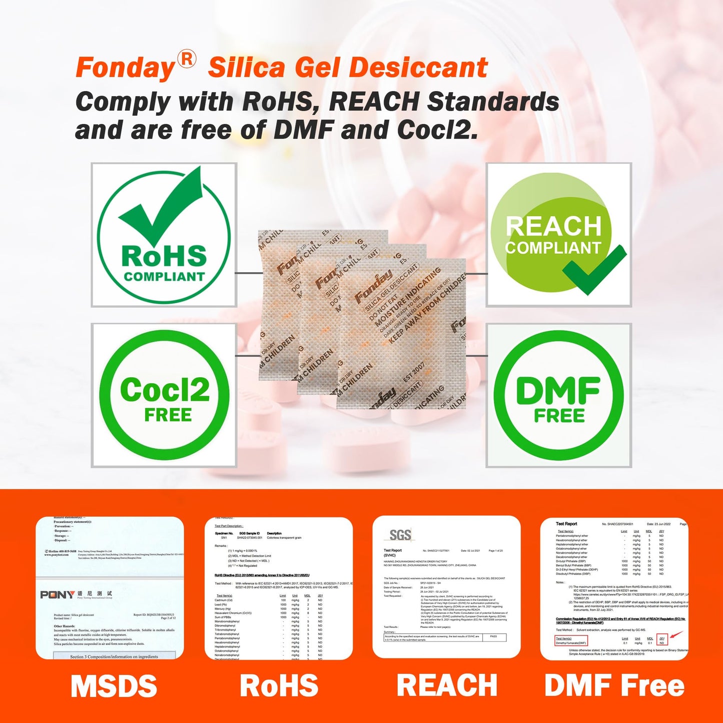 5g x 60 packs Fonday Rechargeable Silica Gel Desiccant Packets Food Grade Fast Reactivate Desiccant Bags Moisture Indicating Orange to Green - Medaid International