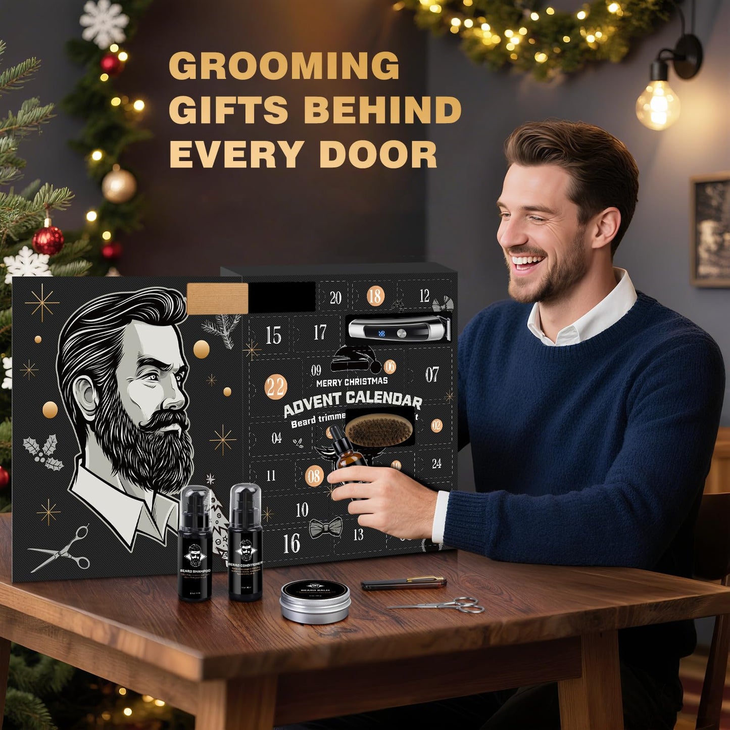 Hair & Beard Advent Beauty Calendar 2025 for Men Grooming Kit, 24 Days Christmas Countdown Calendar with Electric Trimmer Kit & Beard Care Kit for Men, Creative Gifts for Father Dad Husband Boyfriend - Medaid International