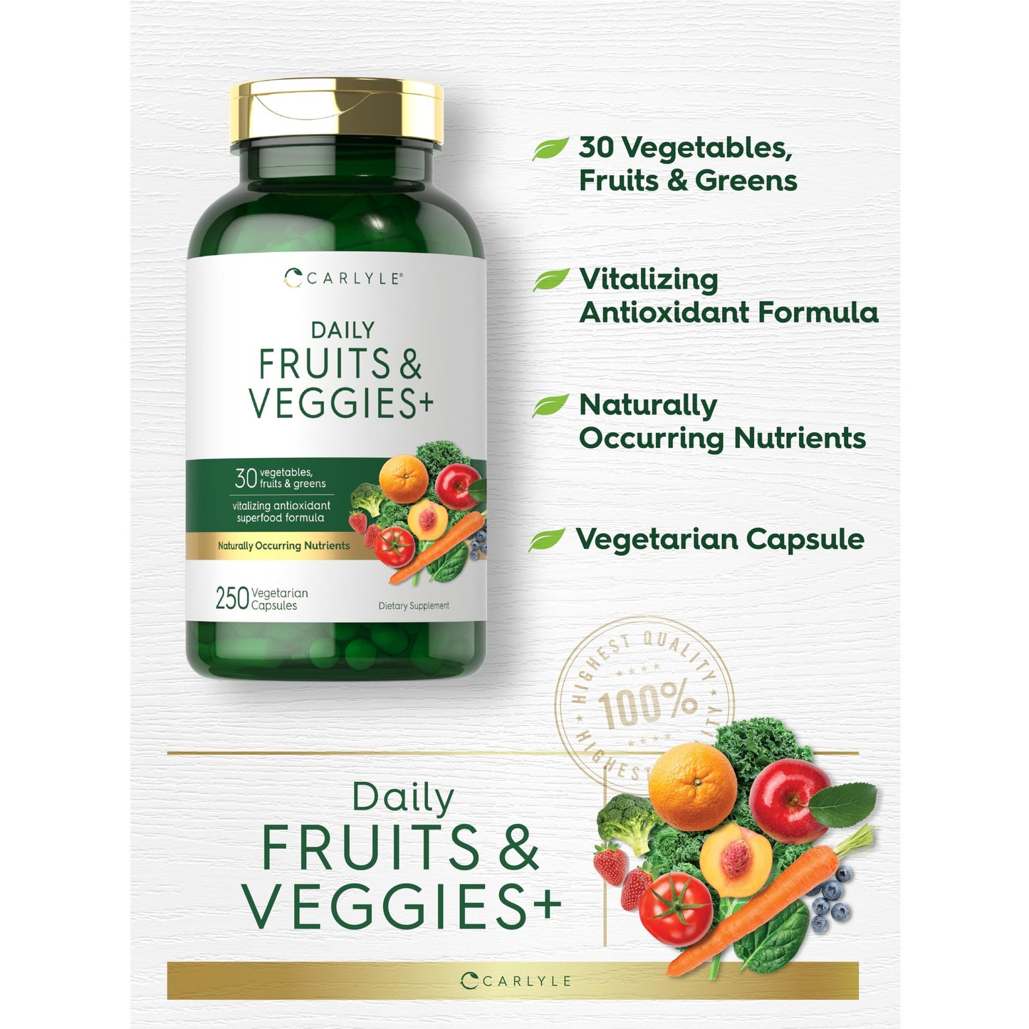 Carlyle Fruits and Veggies Supplement | 250 Capsules | Made with 30 Fruits and Vegetables | Vegetarian, Non-GMO, Gluten Free Superfood Formula - Medaid International
