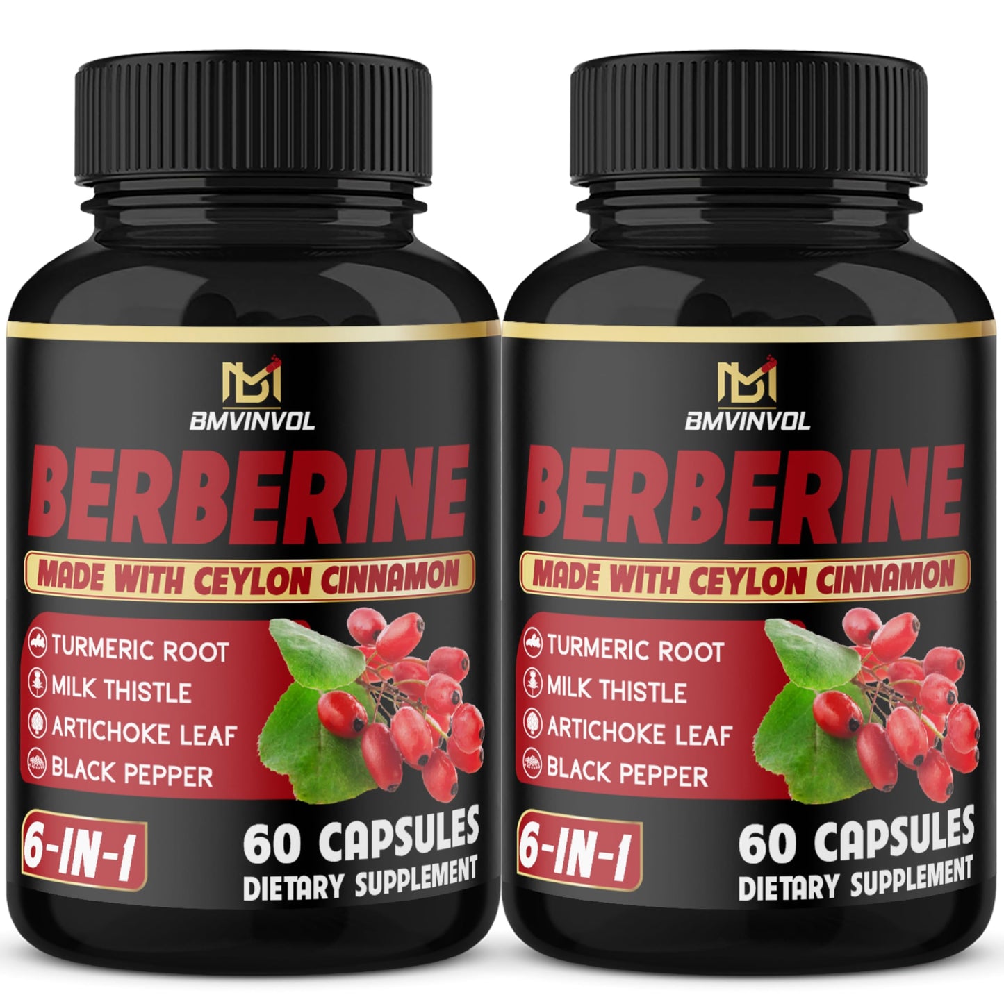 (2 Packs) Berberine Supplement Plus Ceylon Cinnamon, Turmeric, Artichoke, Milk Thistle, Black Pepper - 120 Capsules - 4 Months Supply - Medaid International
