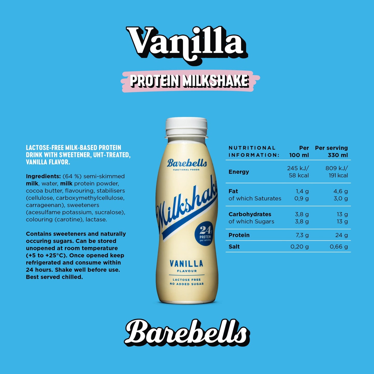 Barebells Milkshake - Batido Proteinas - 24g Proteina x Batido - Sin Lactosa - Sin Gluten - Sin Azúcares Añadidos - Vainilla - Pack 8 Batidos x 330ml - Medaid International