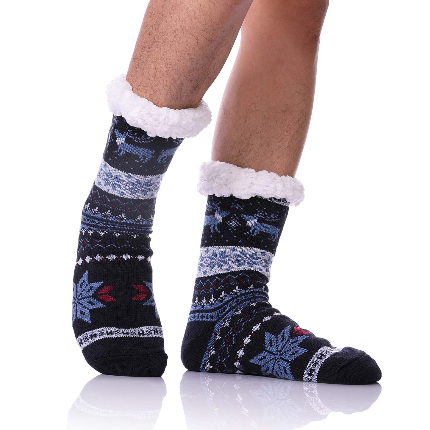 DYW Mens Fuzzy Slipper Socks Warm Thick Heavy Thermal Fleece lined Fluffy Winter Non Slip Socks (Dark Blue A) - Medaid International