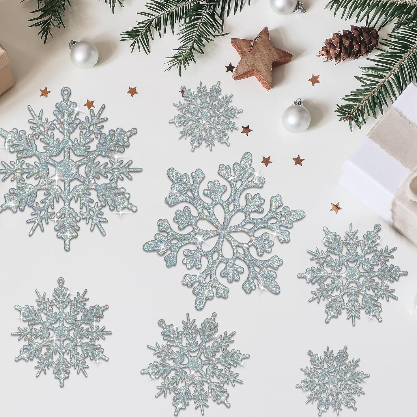 18Pcs Iridescent Silver Christmas Snowflake Hanging Ornaments, Plastic Sparkling Glitter Hanging Snow Flakes for Christmas Tree Decorations Winter Wonderland Frozen Birthday Party Holiday Home Decor - Medaid International