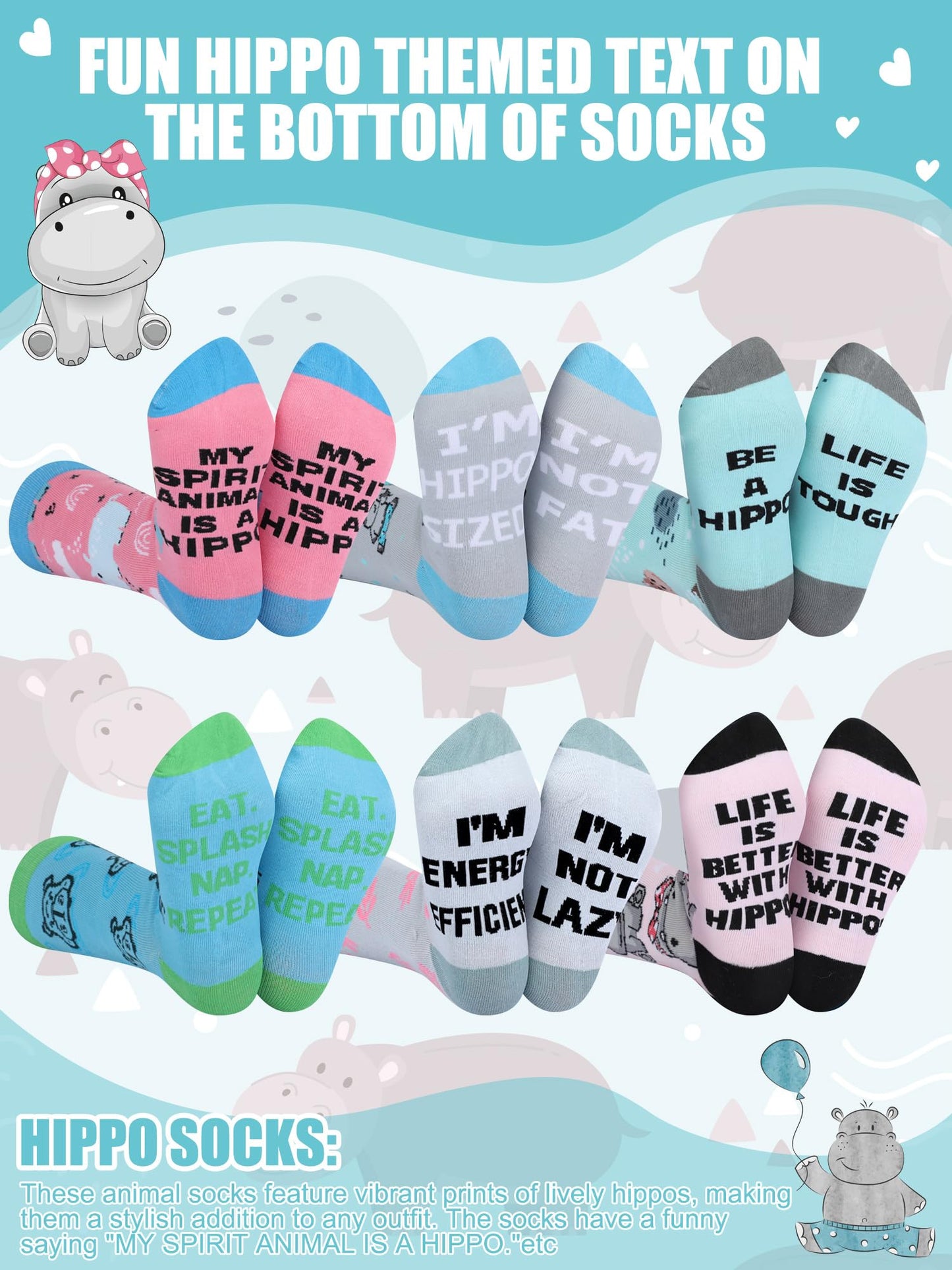 Shyyween 6 Pairs Funny Hippo Lover Gift for Women Men Novelty Animal Themed Cotton Crew Socks Xmas Stuffers Holiday Gift for Hippo Lover - Medaid International