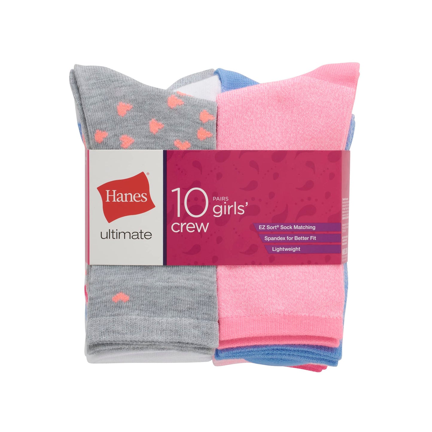 Hanes Ultimate Girls' Fashion Crew Socks Pack, Lightweight Stretch Crew Socks, Assorted 10-Pair Pack, Small - Medaid International
