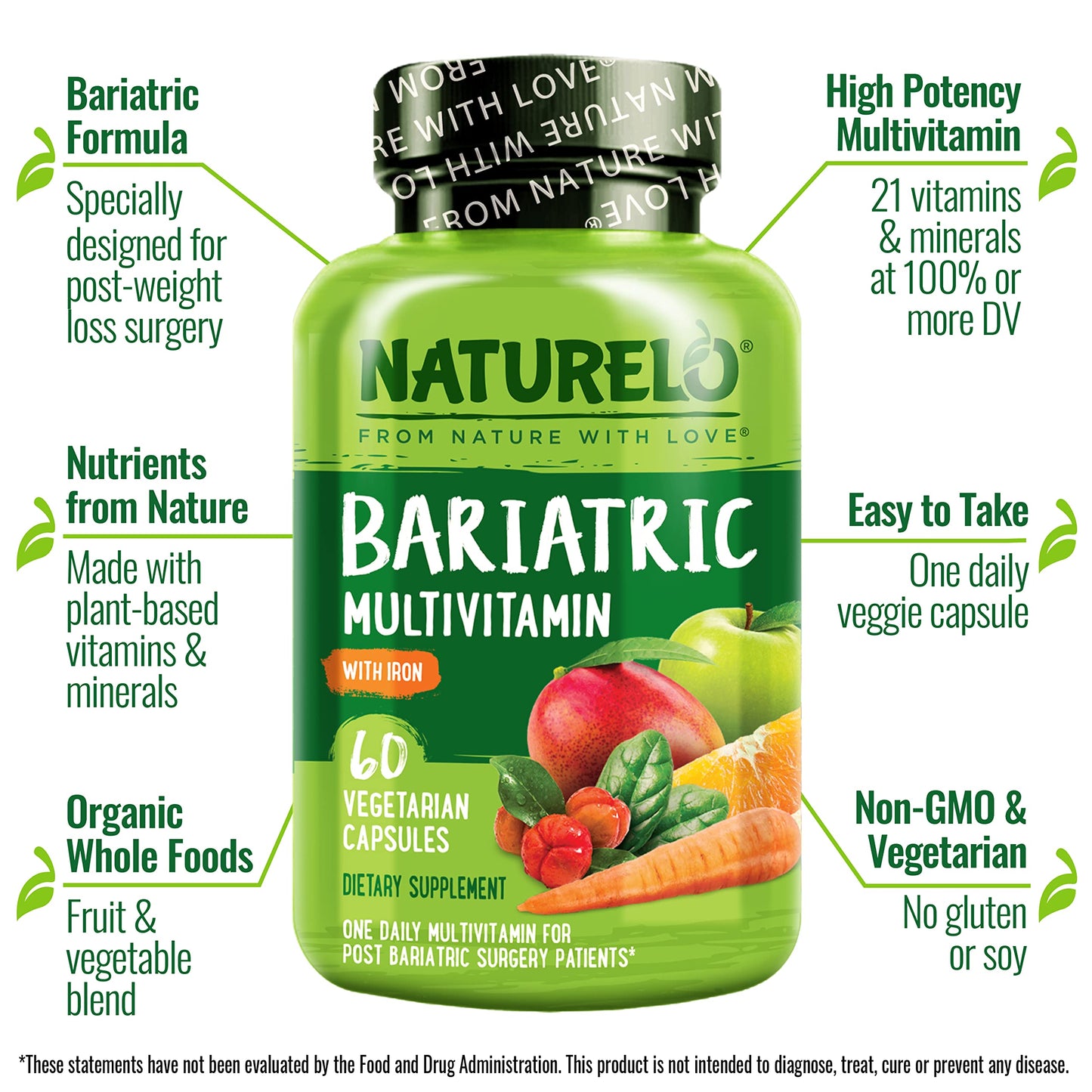 NATURELO Bariatric Multivitamin - One Daily with Iron - Supplement for Post Gastric Bypass Surgery Patients - Natural Whole Food Nutrition - 60 Veggie Capsules - Medaid International