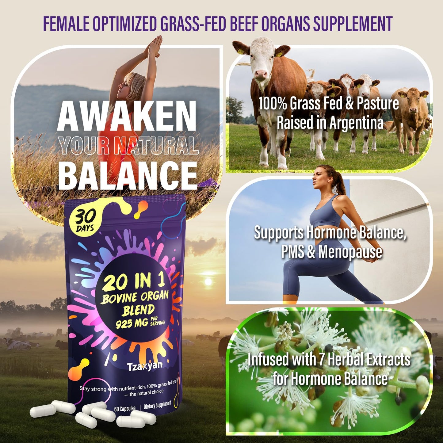 20-In-1 Beef Organ Supplement for Women, 925MG Grass Fed Beef Liver, Uterus, Ovary & 3 more with Maca, DIM, Black Cohosh, Vitamin & Mineral, Bovine organ Capsules for Hormone Balance, Energy, 30 Days - Medaid International