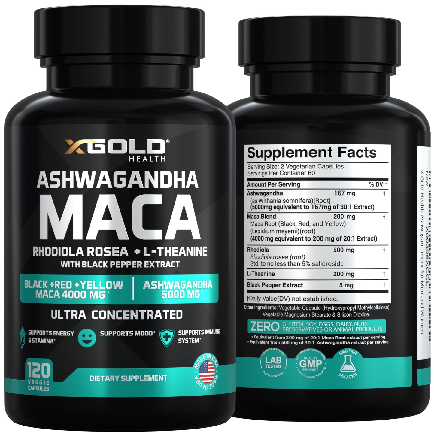 Ashwagandha 5,000mg + Maca Root Black, Red, Yellow 4,000mg, Rhodiola & L-Theanine: 30:1 Extract Ashwagandha Capsules, 20:1 Extract Maca Root Capsules - Supplement for Men and Women - Medaid International