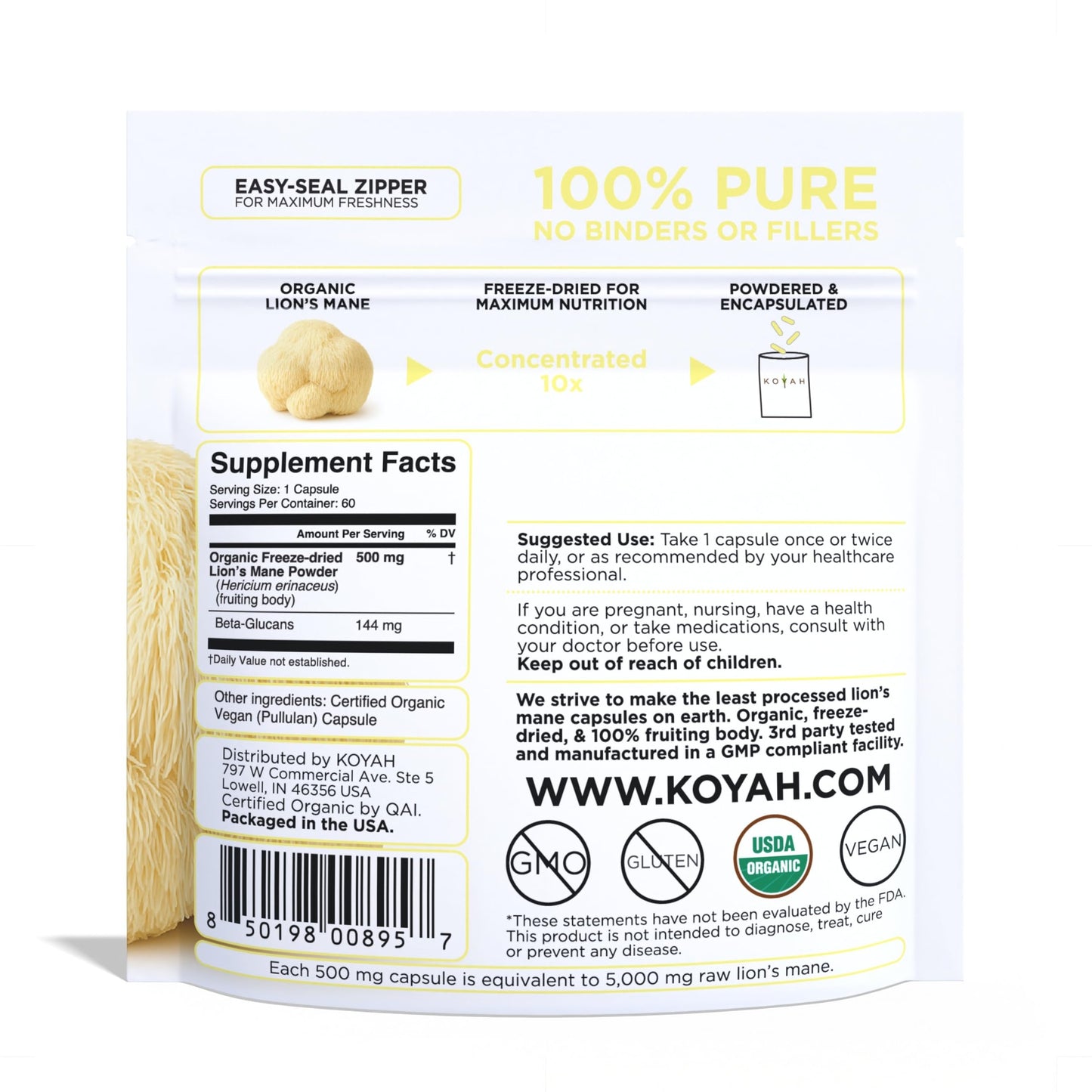 KOYAH Organic Lion's Mane Capsules - USA Grown, 100% Fruiting Body, Freeze-Dried, 3rd Party Tested for Beta-Glucans, 500 mg, Non-GMO, Vegan. Brain & Nerve Support. Immune Support. 60 Capsules - Medaid International