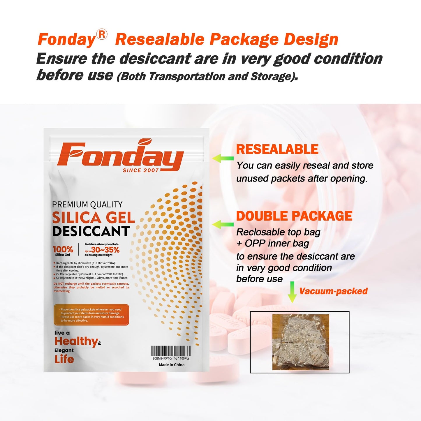 5g x 60 packs Fonday Rechargeable Silica Gel Desiccant Packets Food Grade Fast Reactivate Desiccant Bags Moisture Indicating Orange to Green - Medaid International