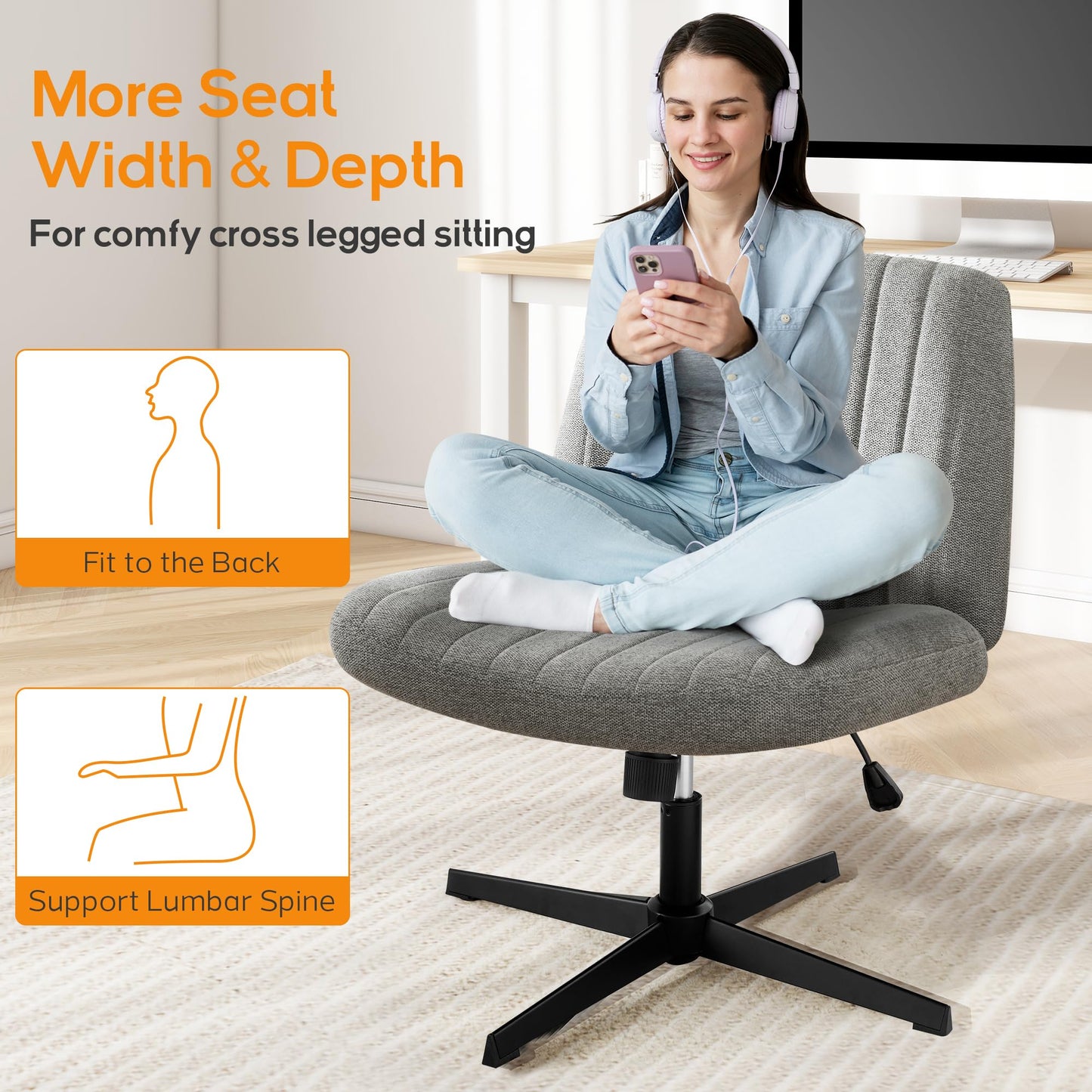 DUMOS Criss Cross Chair Legged Office Wide Comfy Desk Seat, No Wheels Armless Computer Task Seating, Swivel Vanity Home Height Adjustable - Medaid International