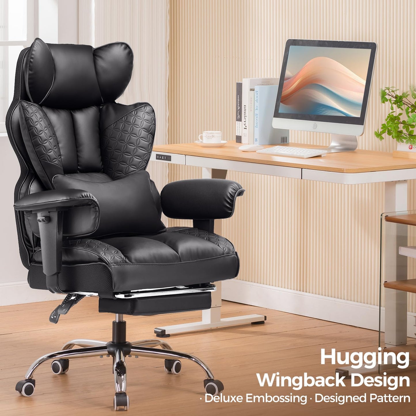 COMHOMA Big and Tall Office Chair 400LBS Wide Ergonomic Gaming Chair with Deluxe Embossing Designed Leather with Foot Rest,150°Reclining Adjustable Armrests Pocket Spring Back Support and Pillow - Medaid International