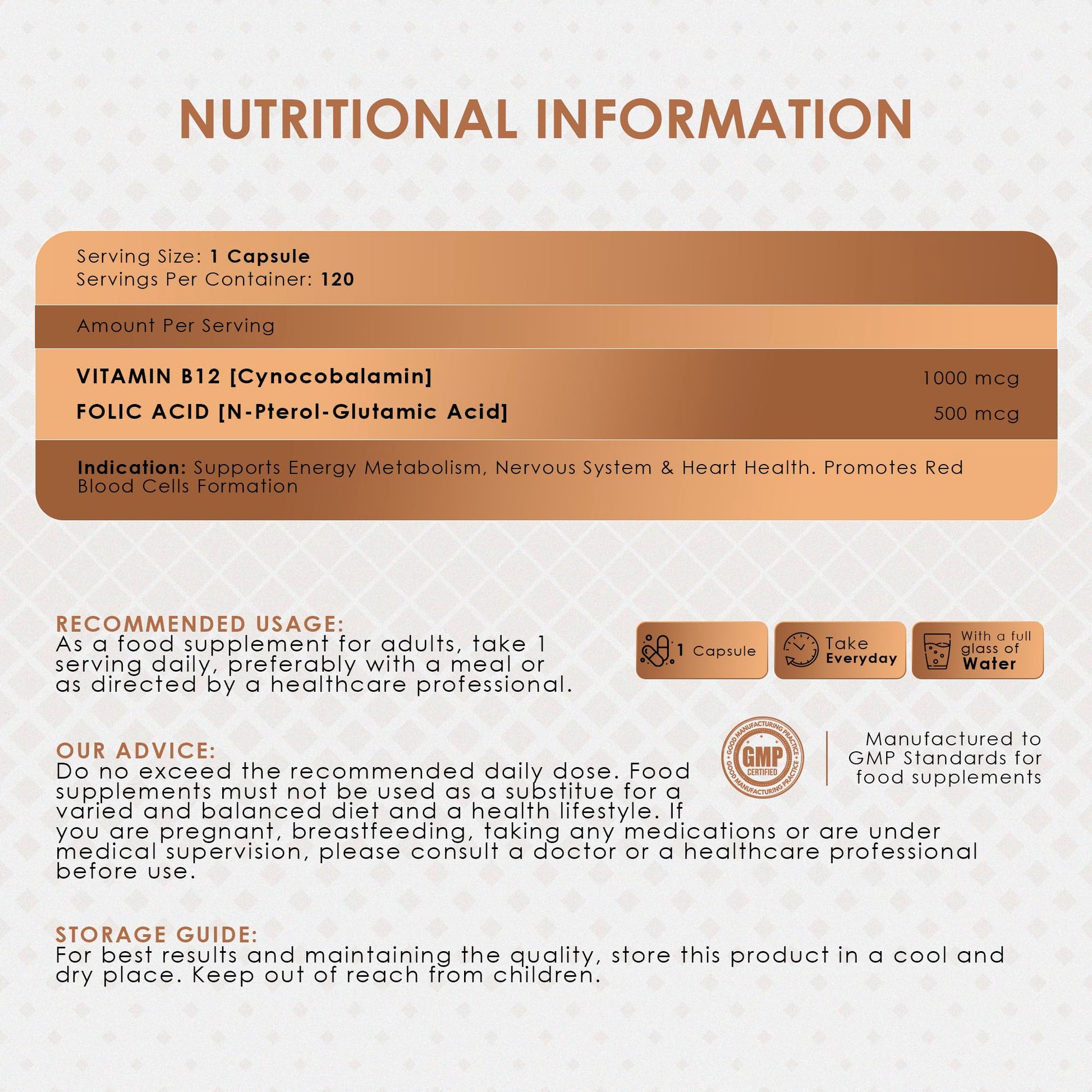 AMBROSIAL Vitamin B12 1000 mcg + 500 mcg Folic Acid Pack of 1-120 Capsules - Medaid International