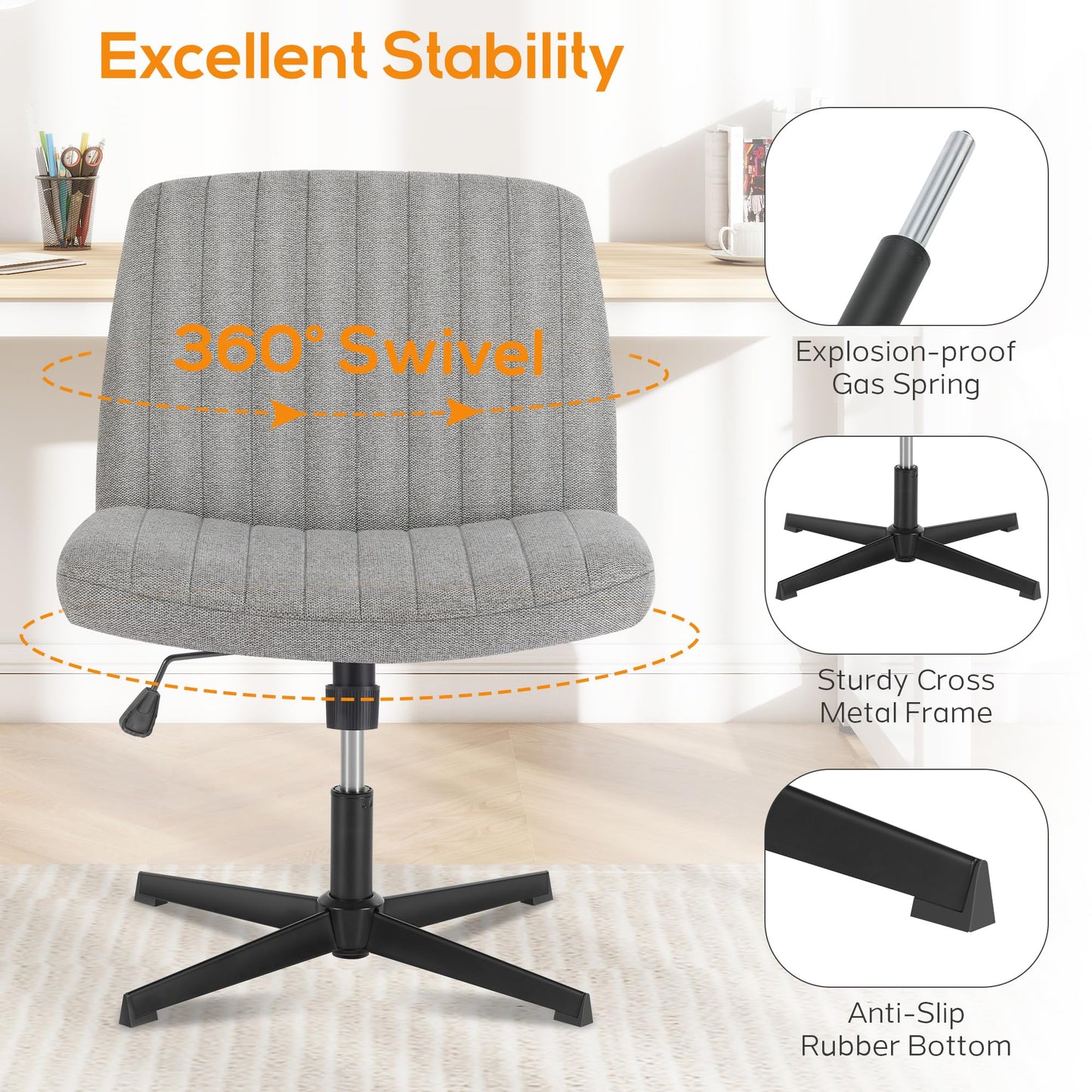 DUMOS Criss Cross Chair Legged Office Wide Comfy Desk Seat, No Wheels Armless Computer Task Seating, Swivel Vanity Home Height Adjustable - Medaid International