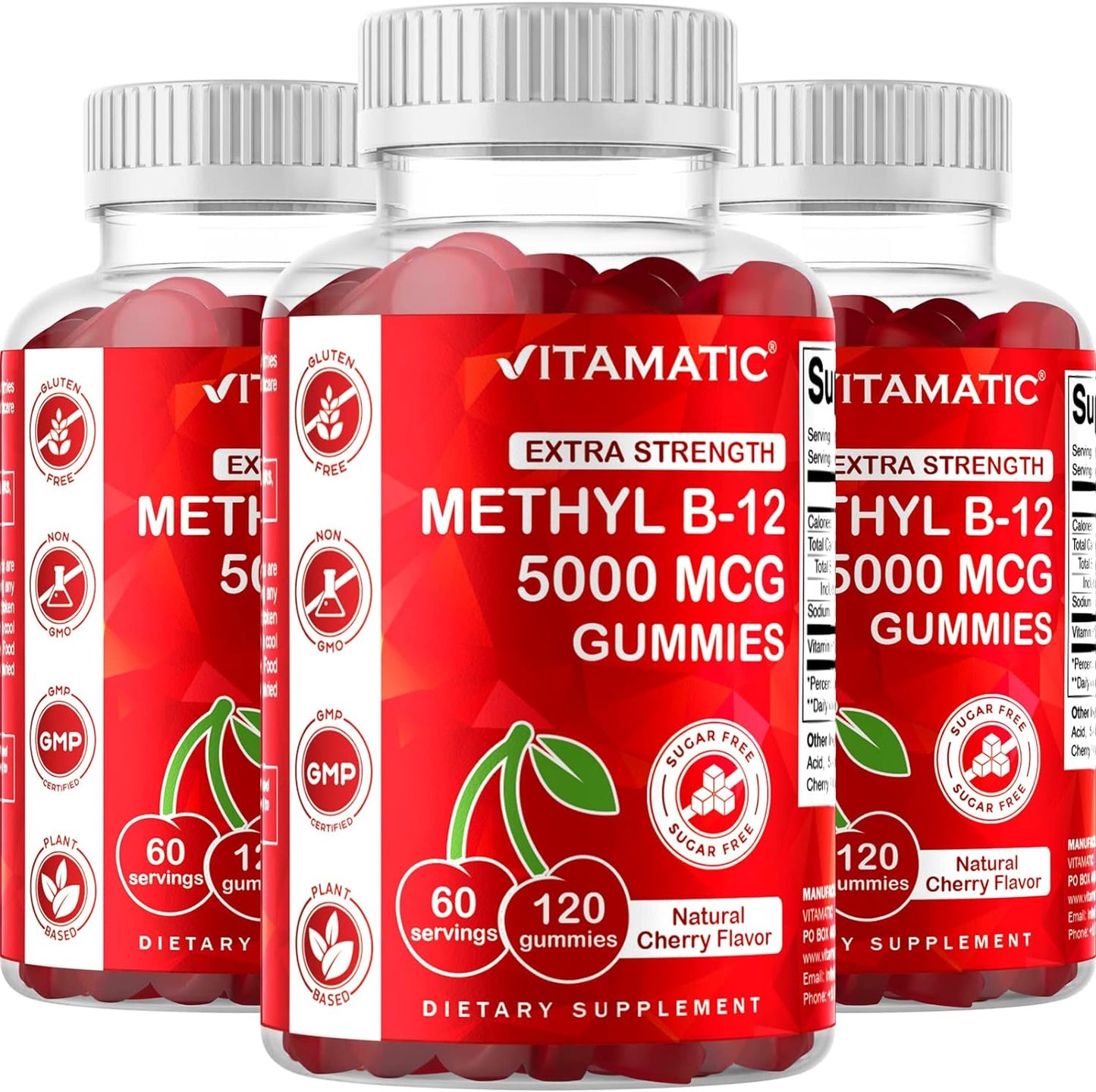 Vitamatic Extra Strength Vitamin B12 5000 mcg (Methyl B12) Gummies - 120 Count - Energy Metabolism Support and Nervous System Health Support, Natural Cherry Flavored (1) - Medaid